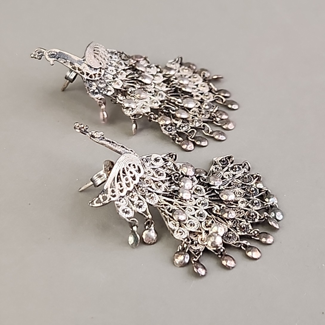 Vintage Sterling Silver Peacock Earrings Cannetille Filigree Articulated Dangles