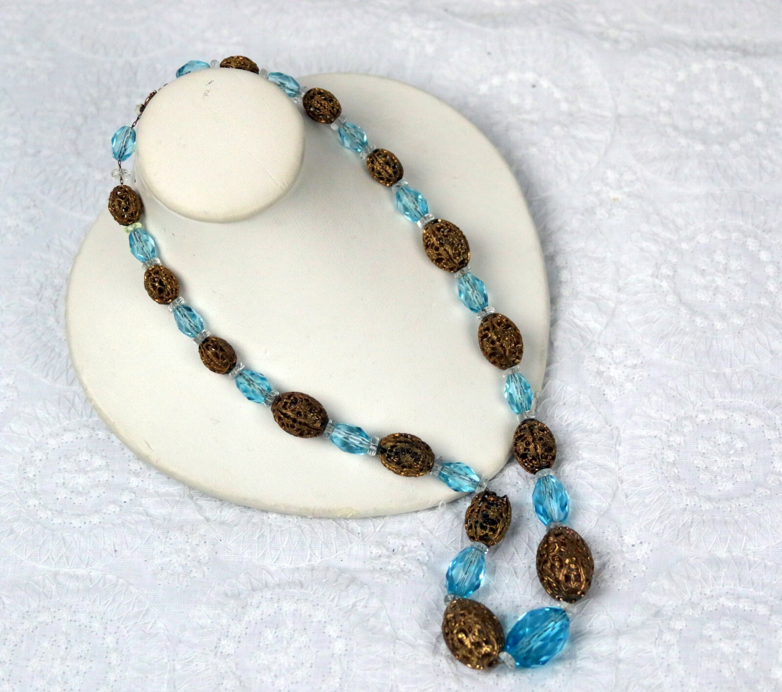 Vintage Czech Era Aqua Blue Gold Tone Filigree Necklace