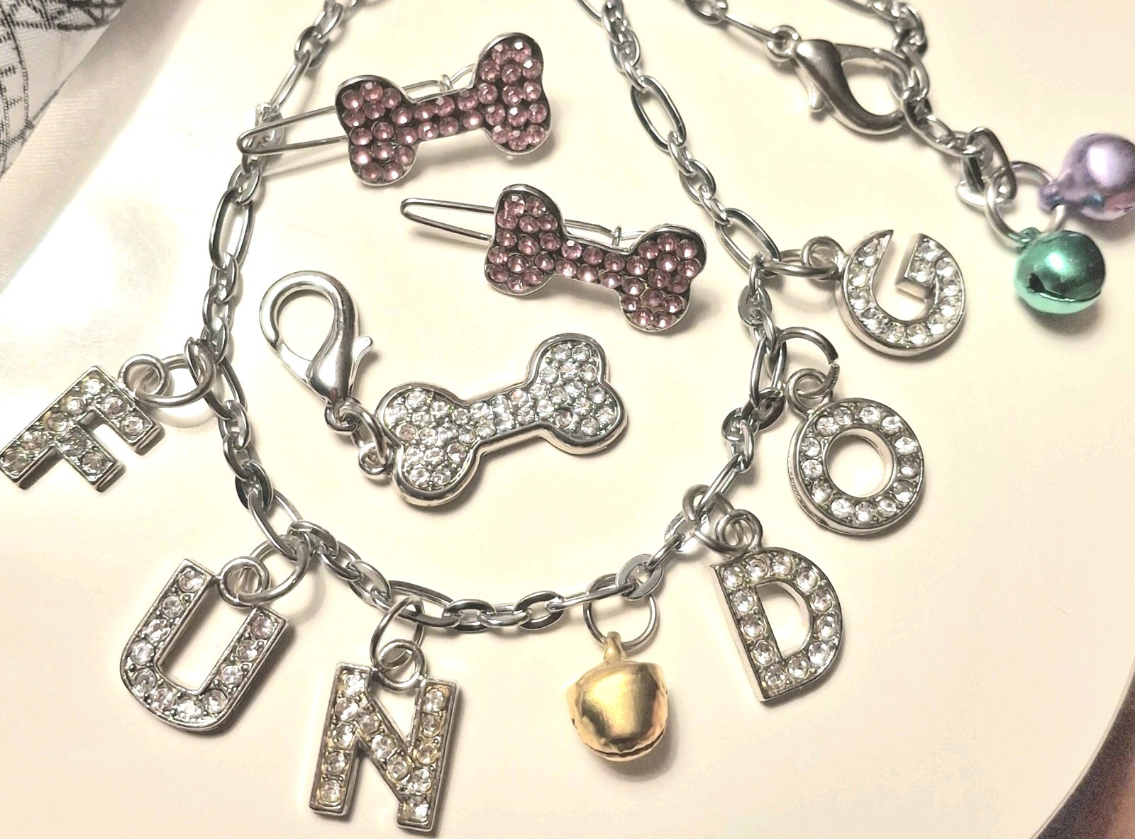 VTG LOT Dog Pet Rhinestone Jewelry Collar Barrett Charm Tag Bells Pink 90s New