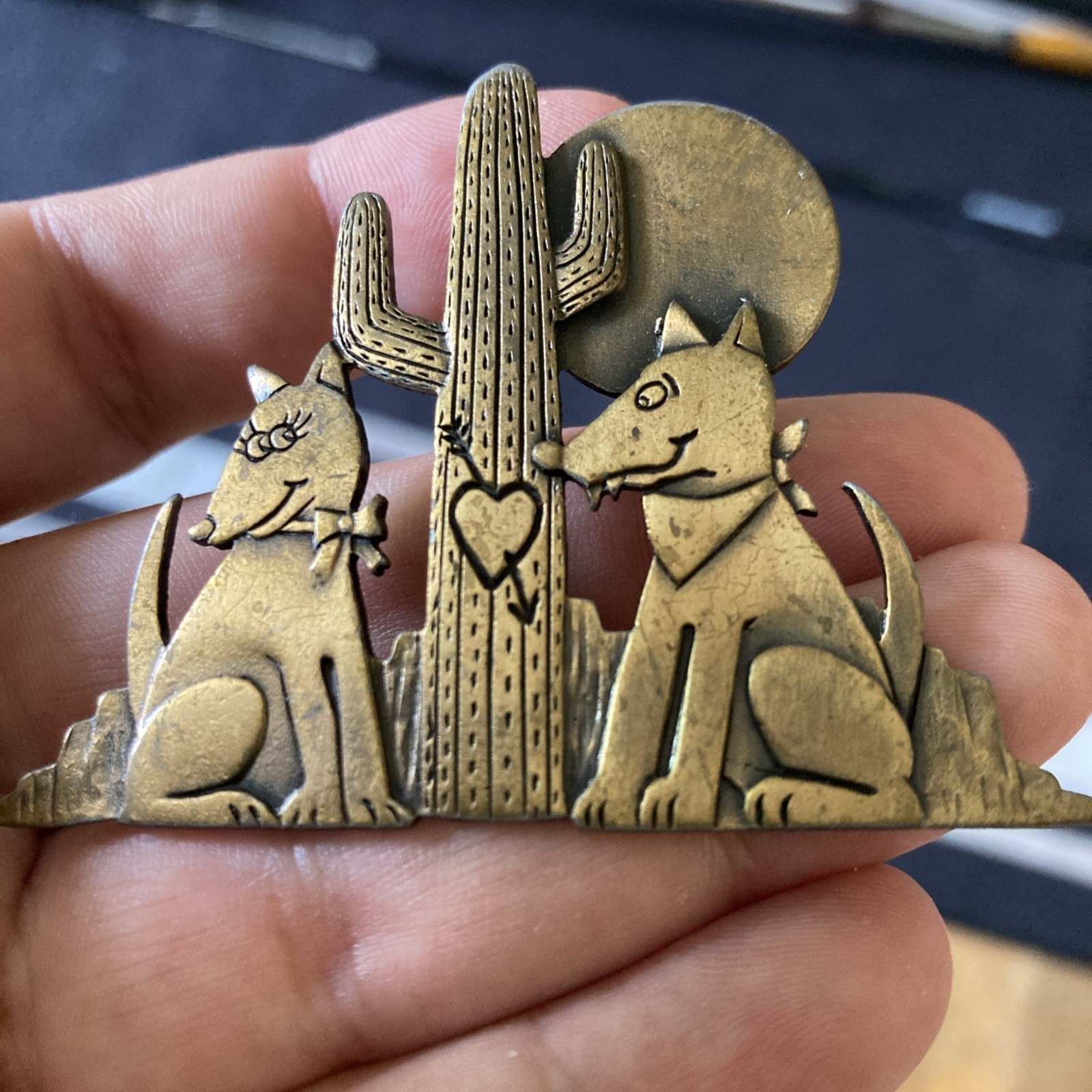 Vintage JJ Brooch Pin Desert Scene Coyotes In Love