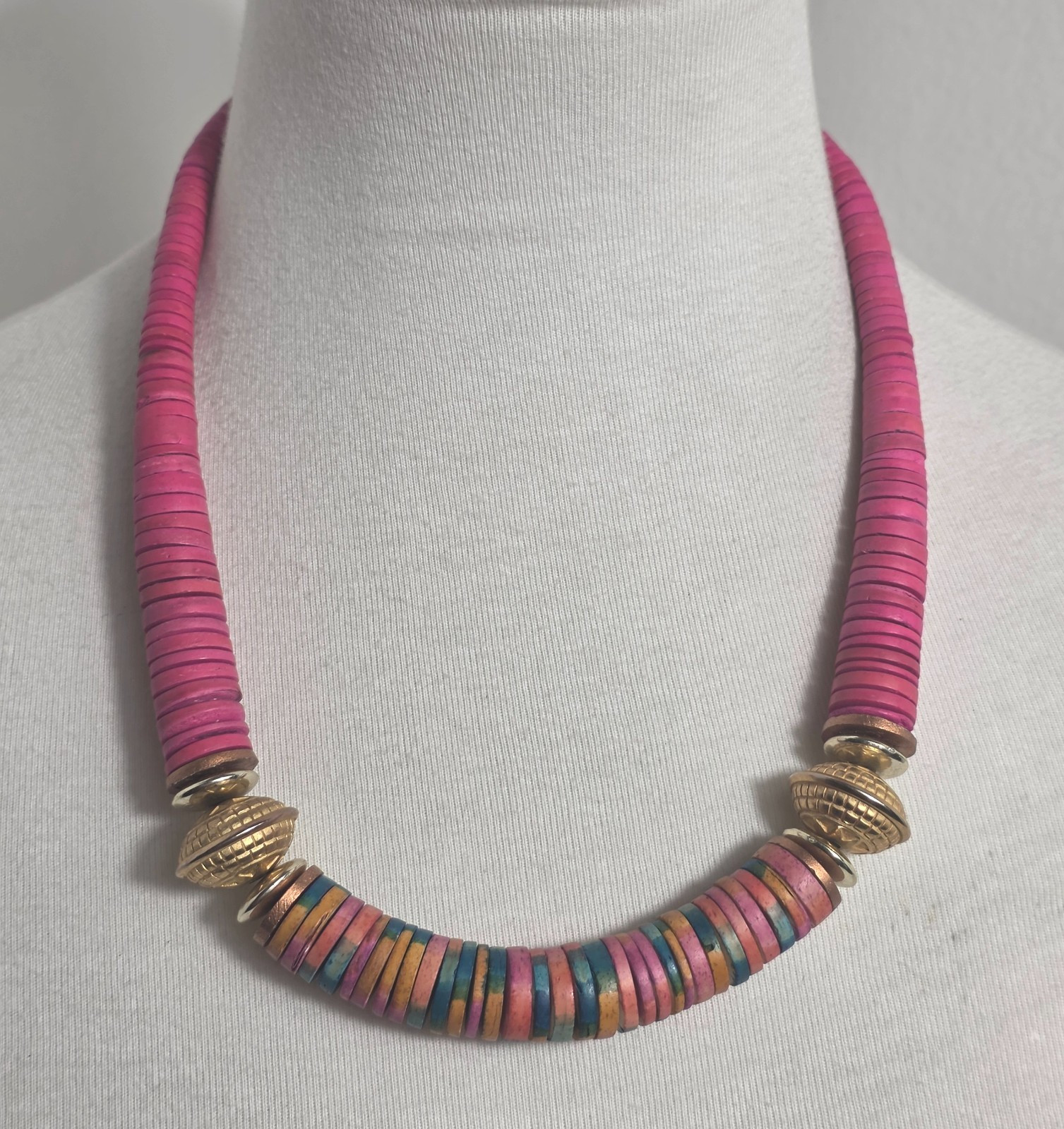 Bohemian-Style Statement Necklace Bright Pink & Colorful Multicolor Heishi Beads