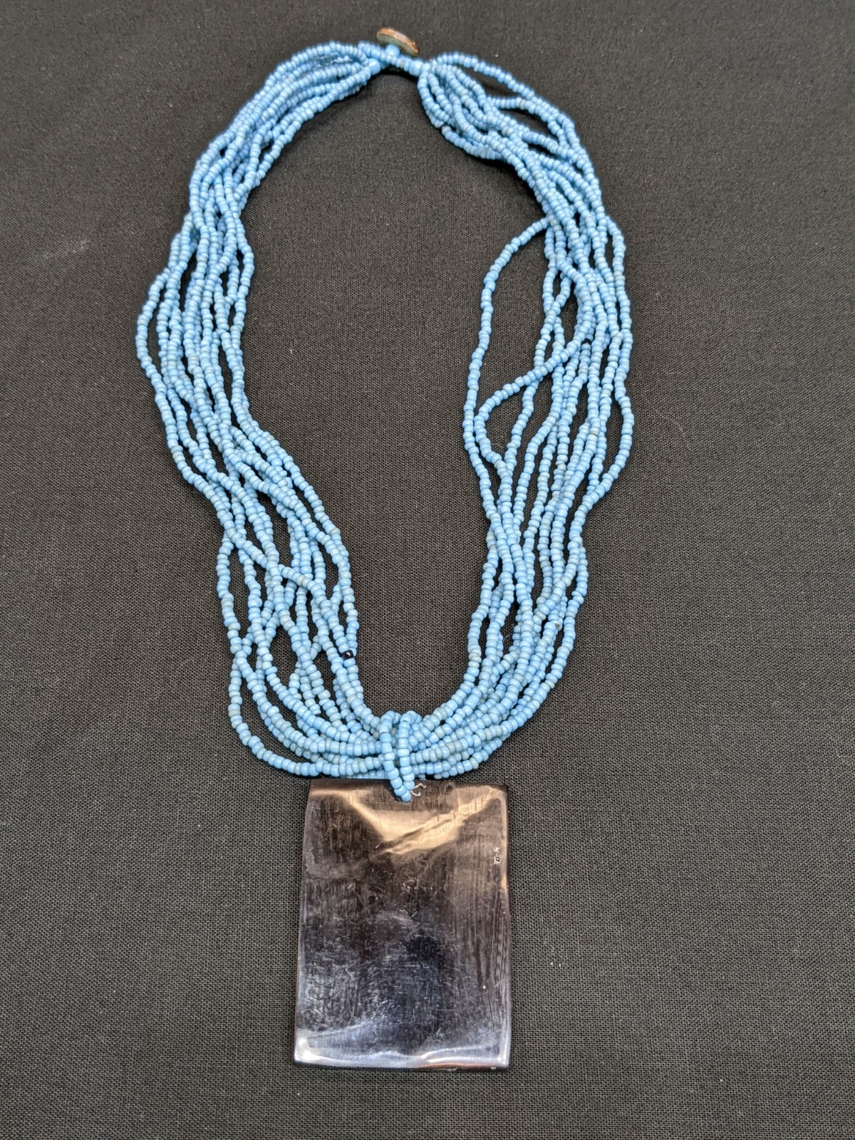 Vintage Blue Seed Bead Necklace Abalone Shell Mosaic Pendant MOP Statement 18″