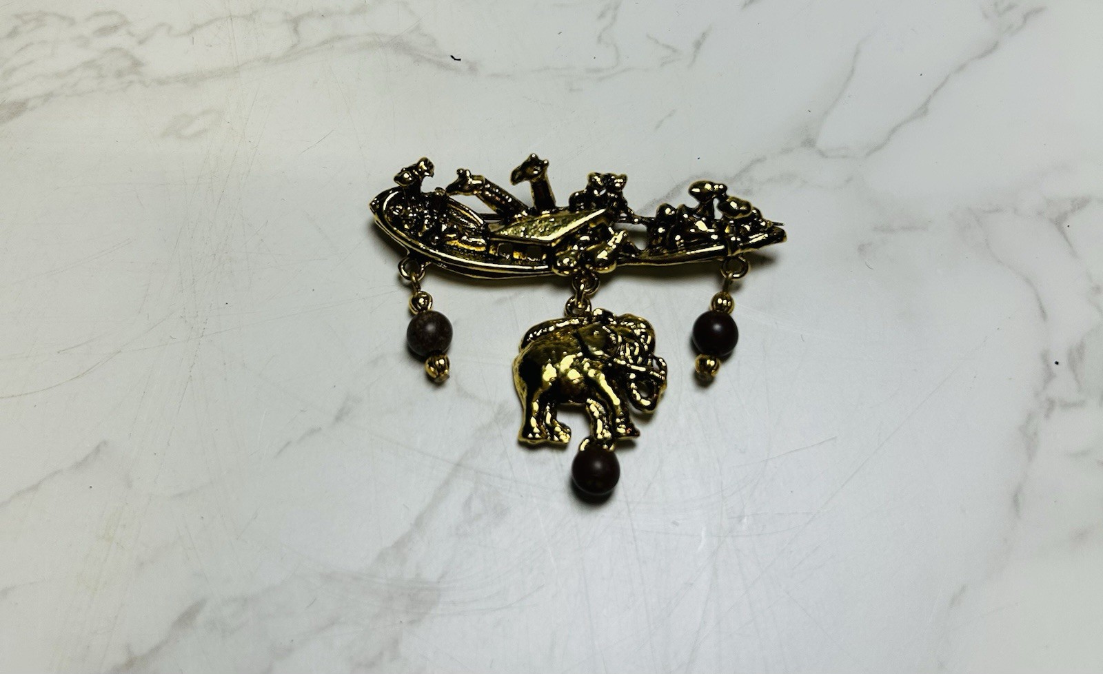 Vintage Dangle Noah’s Ark Bead Gold Tone Brooch Pin Signed EH Biblical