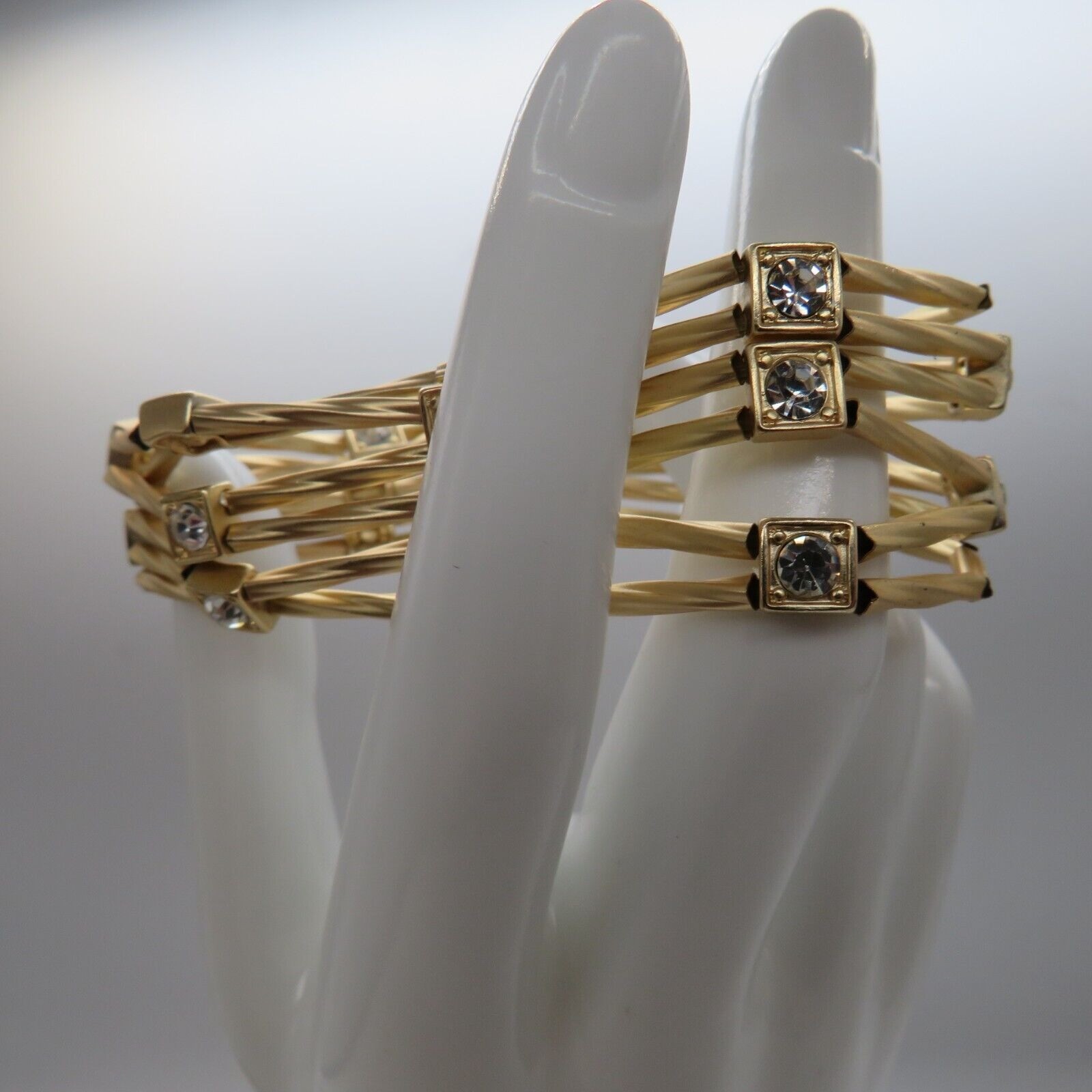 Brushed Gold Tone Stretch Bracelet Six Multi Strand Square Rhinestone Encrusted