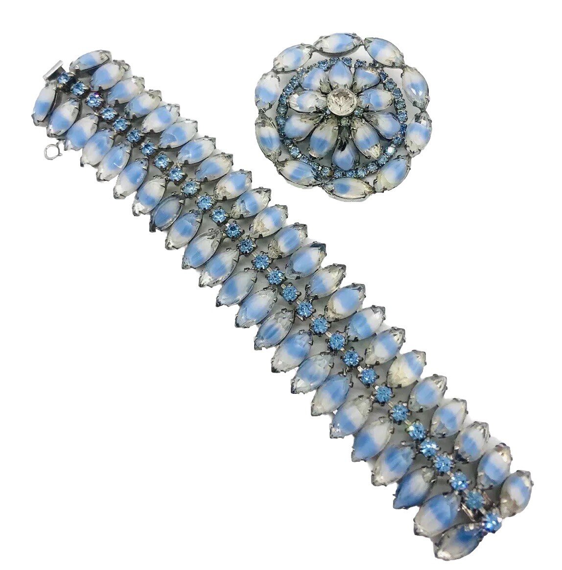 KRAMER NY Wide Givre Rhinestone Bracelet & Brooch Demi Signed Vintage Jewelry
