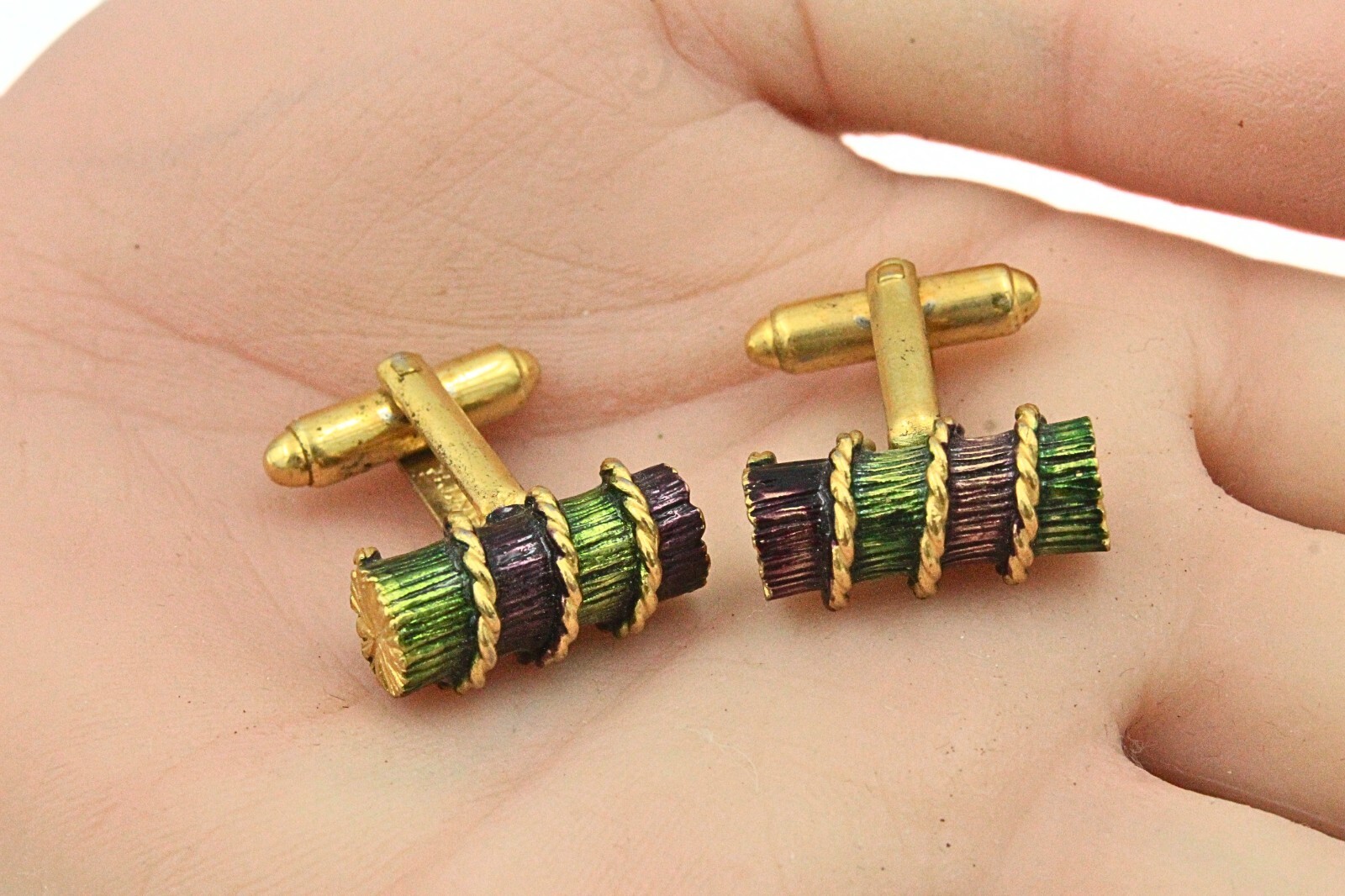 Dante Designer Signed Gold Plate Enamel Twisted Rope Lumber Cufflinks