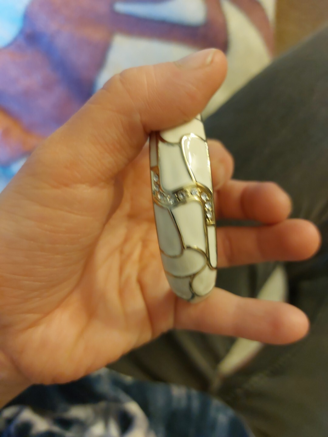 White & Silver, “S” Enamel Painted, Alloy Metal Hinged Bangle Bracelet