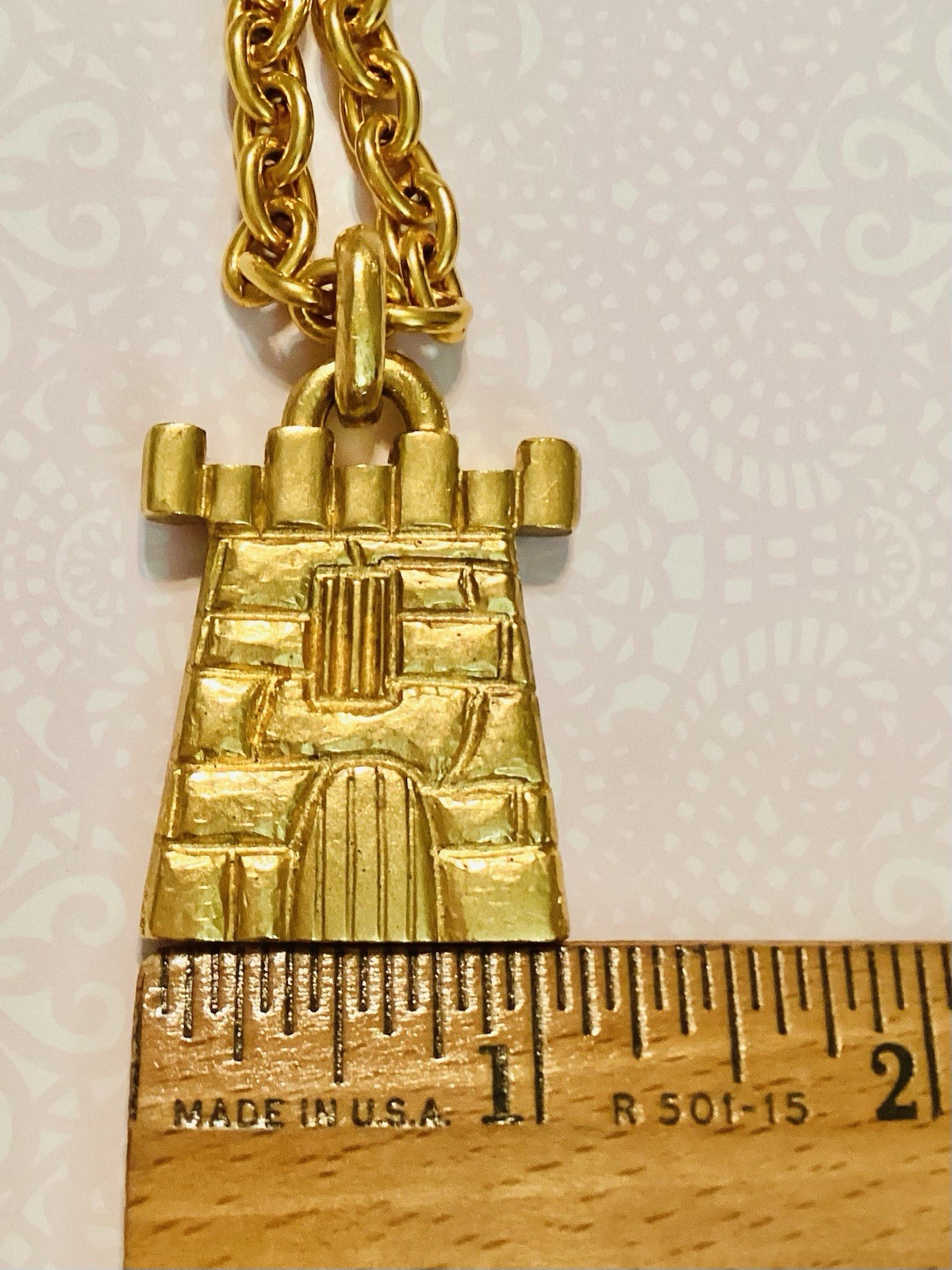 FT Paris High End Vtg Chunky Matte Gold Tone RARE Castle Pendant Necklace 32” 💛
