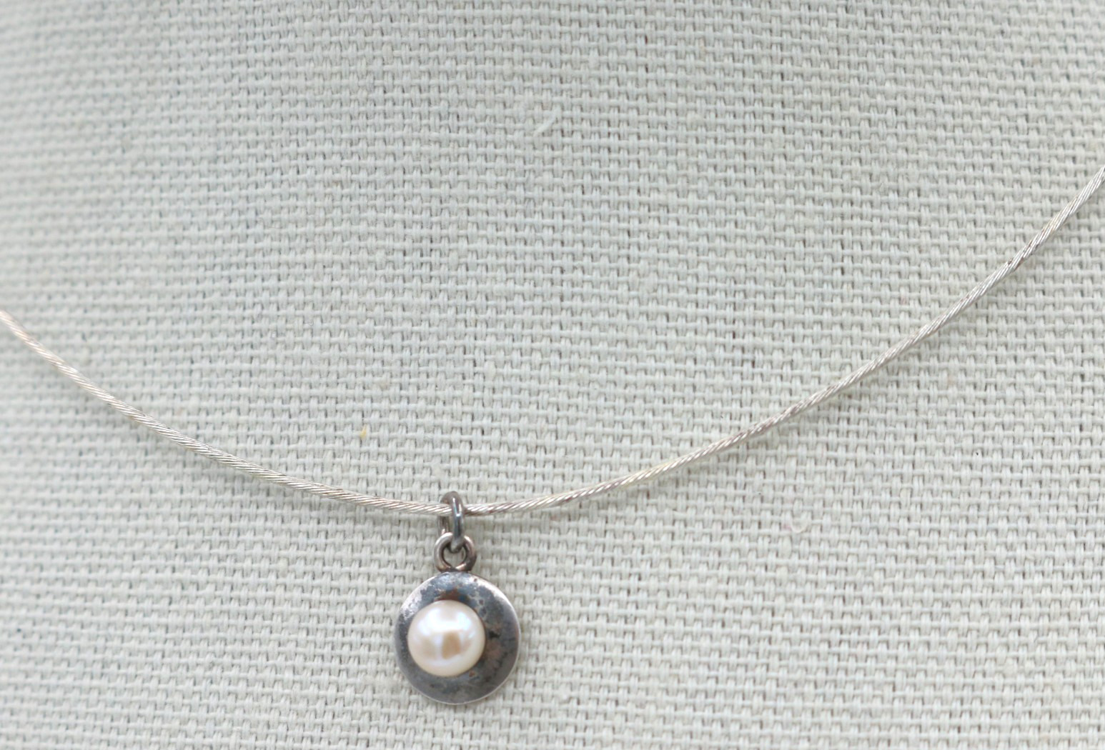 VTG Modernist Sterling Silver 925 Wire Collar Choker Necklace w/ Pearl Pendant