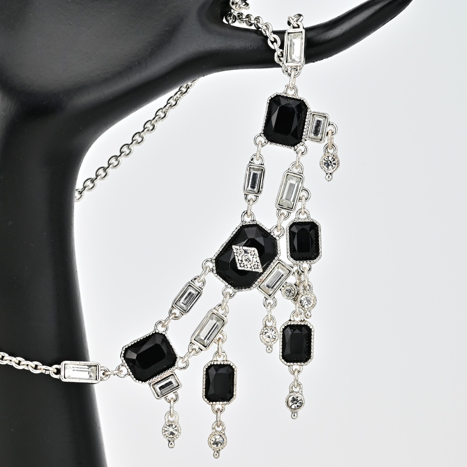 Original Vintage Designer Silver Onyx Zirconia Rhinestone Gemstone Necklace