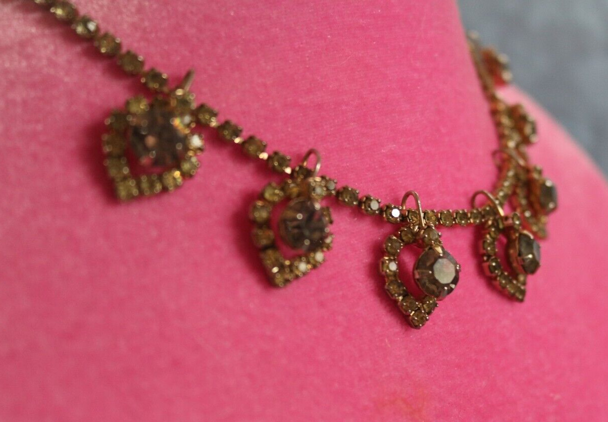 Vintage Rhinestone Necklace Light Citrine Smoky Gray 3-D Effect Prong Set Choker