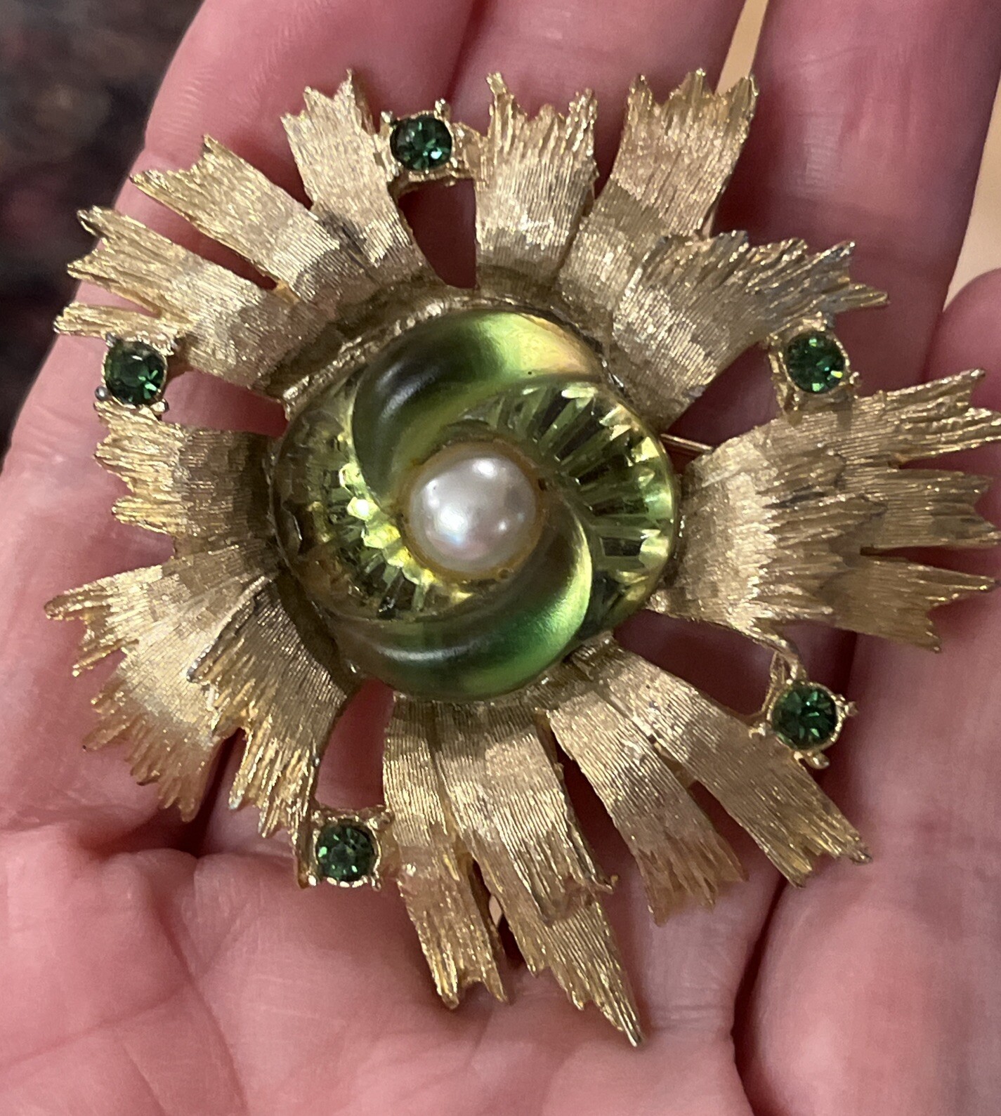 Rare Vintage EDLEE Green Art Glass Pearl Rhinestone Chunky Gold Tone Brooch 1947