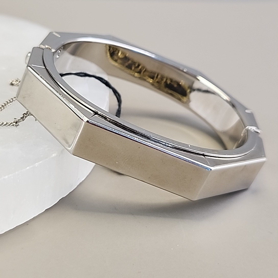 Vintage Hinged Bangle Bracelet Octagon Silver Tone Hong Kong Safety Clasp 6.5″