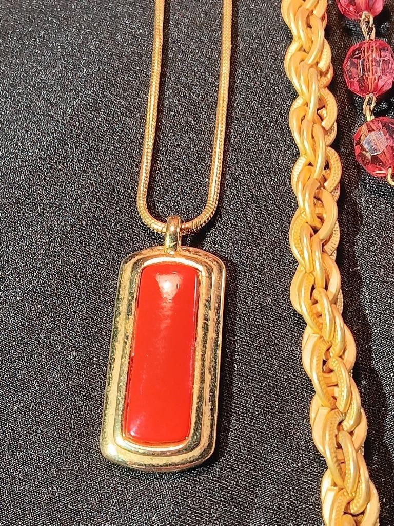 Two Vintage Gold Tone Necklaces Electric Red Pendant & Petal Rouge Bead J18