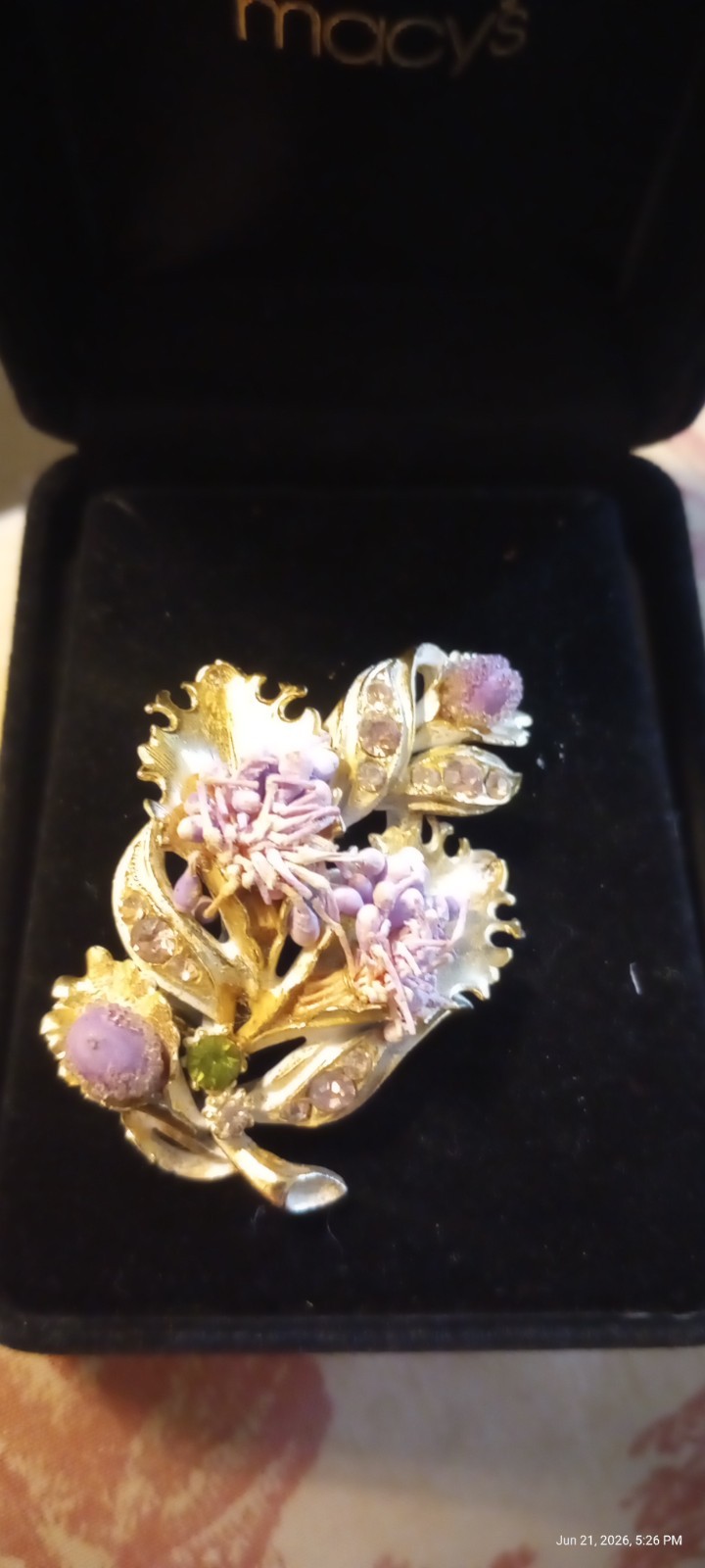Vintage Florenza rhinestone lavender buds brooch