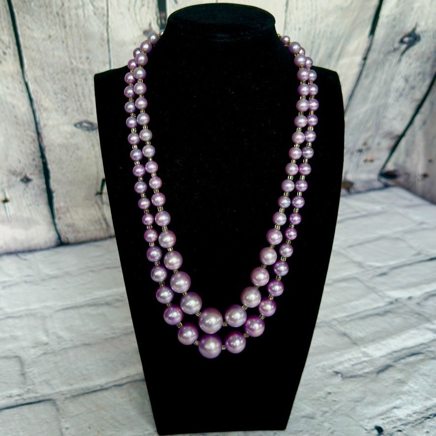 VTG Japan Lavender Purple Double Strand Beaded Necklace Graduated Faux Pearl