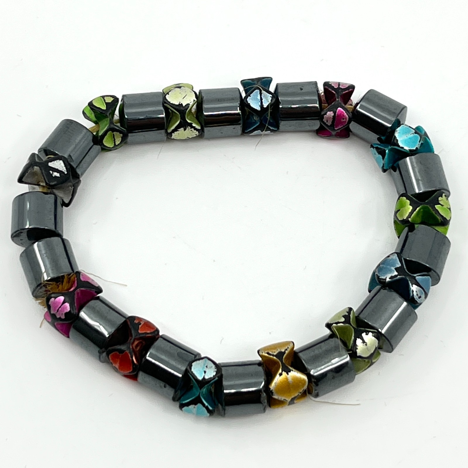 Vintage Retro Hematite Magnetic Stretch Bracelet Colorful Painted Accent Beads