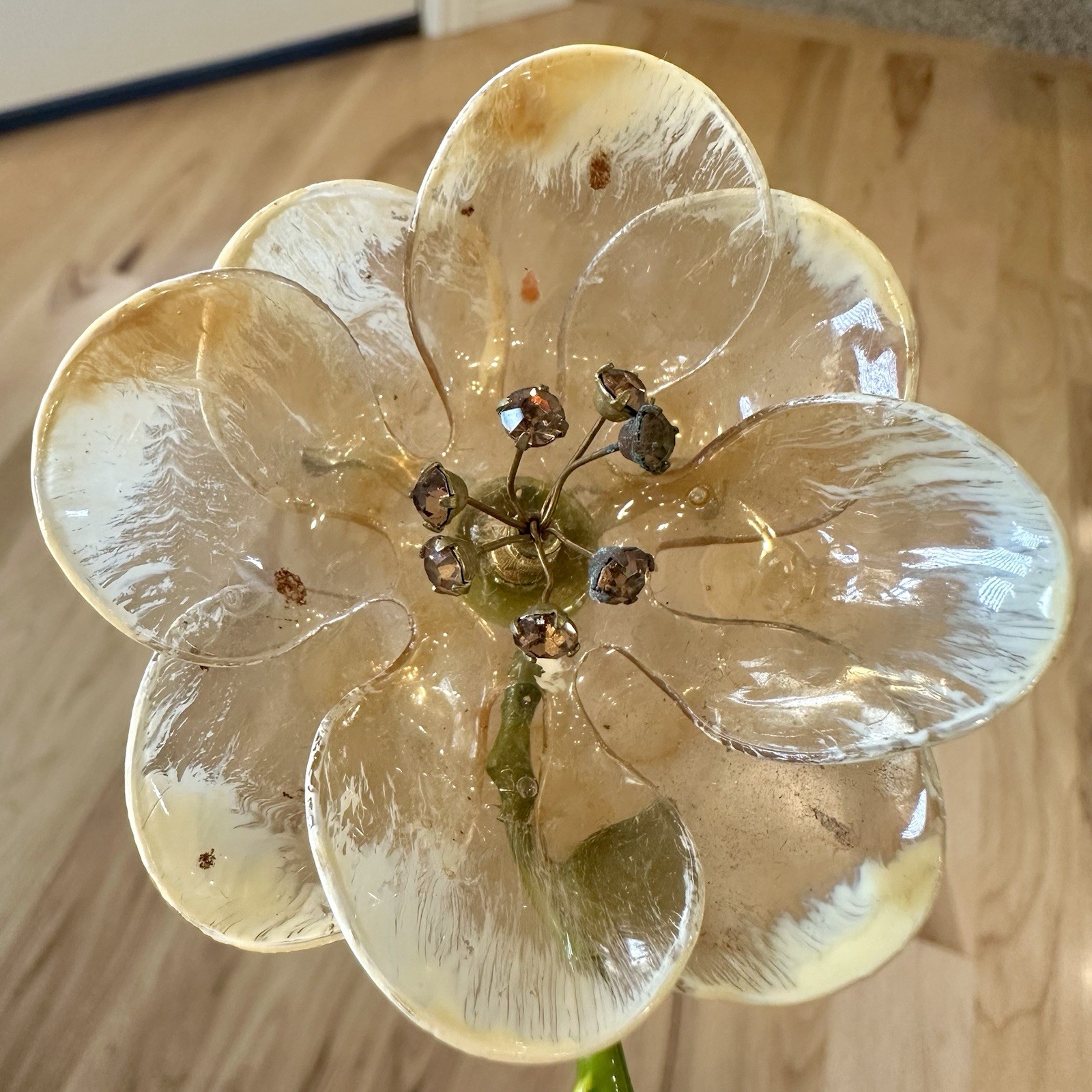 Vintage Delicate Cellulose Acetate Rhinestone Flower Brooch