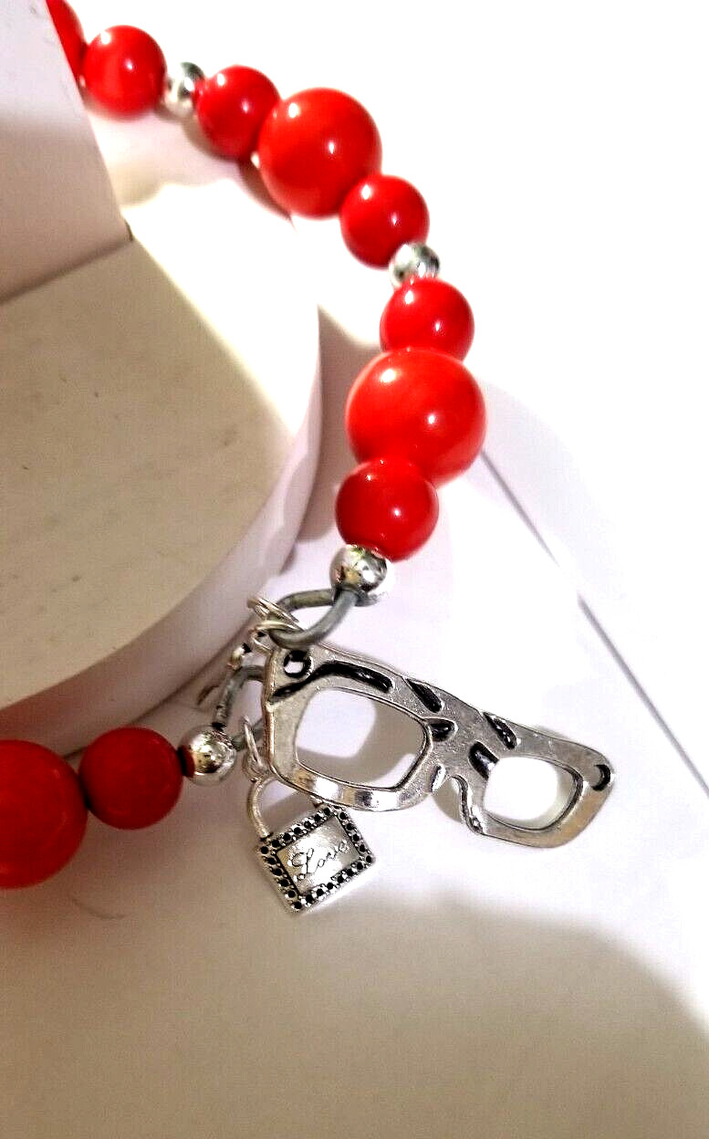 Vintage Handmade Unisex Adult Adjustable Red Beaded Bracelet with Charms