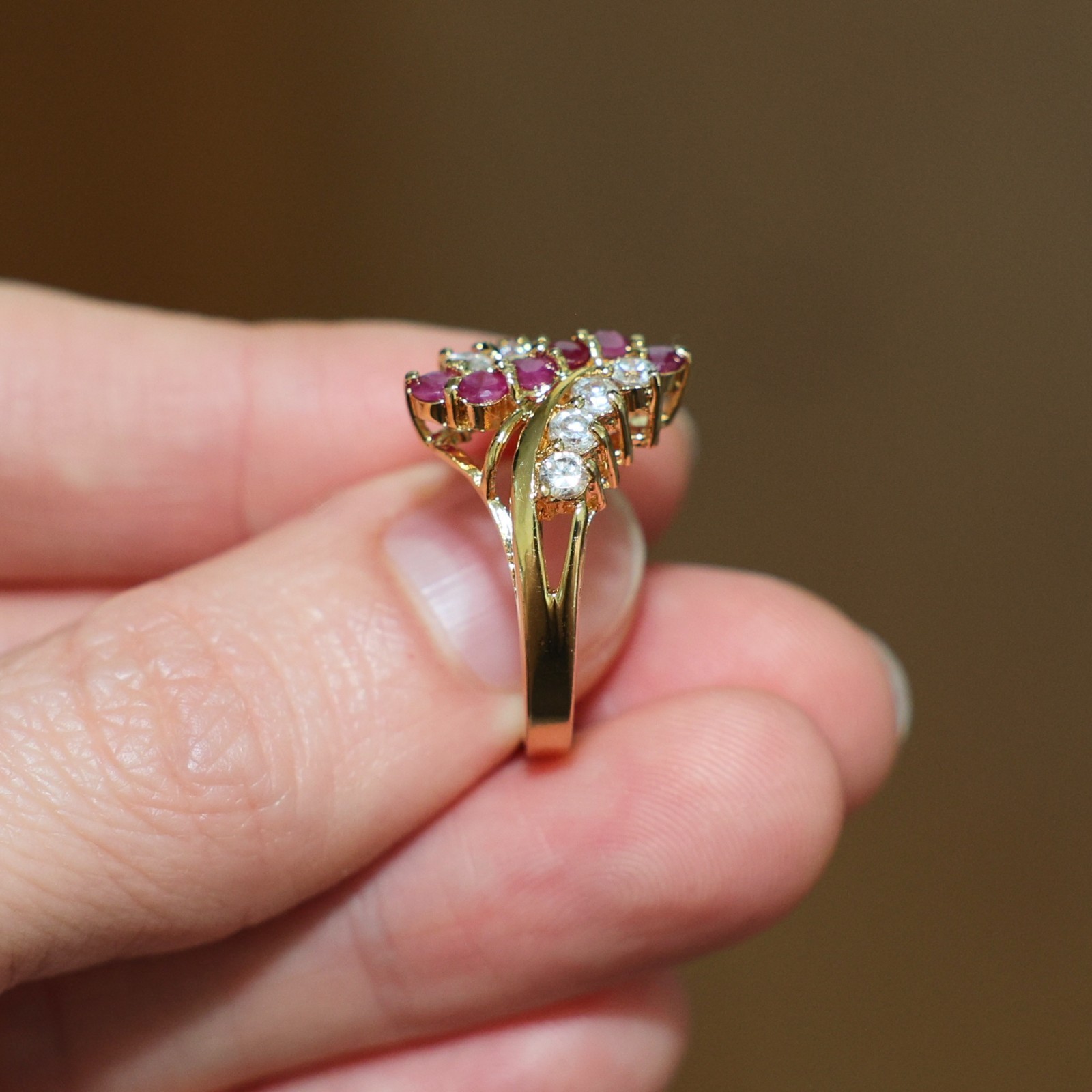 Vintage Gold Plated CZ and Genuine Natural Pink Ruby Cocktail Ring ~ Size 8 🔥