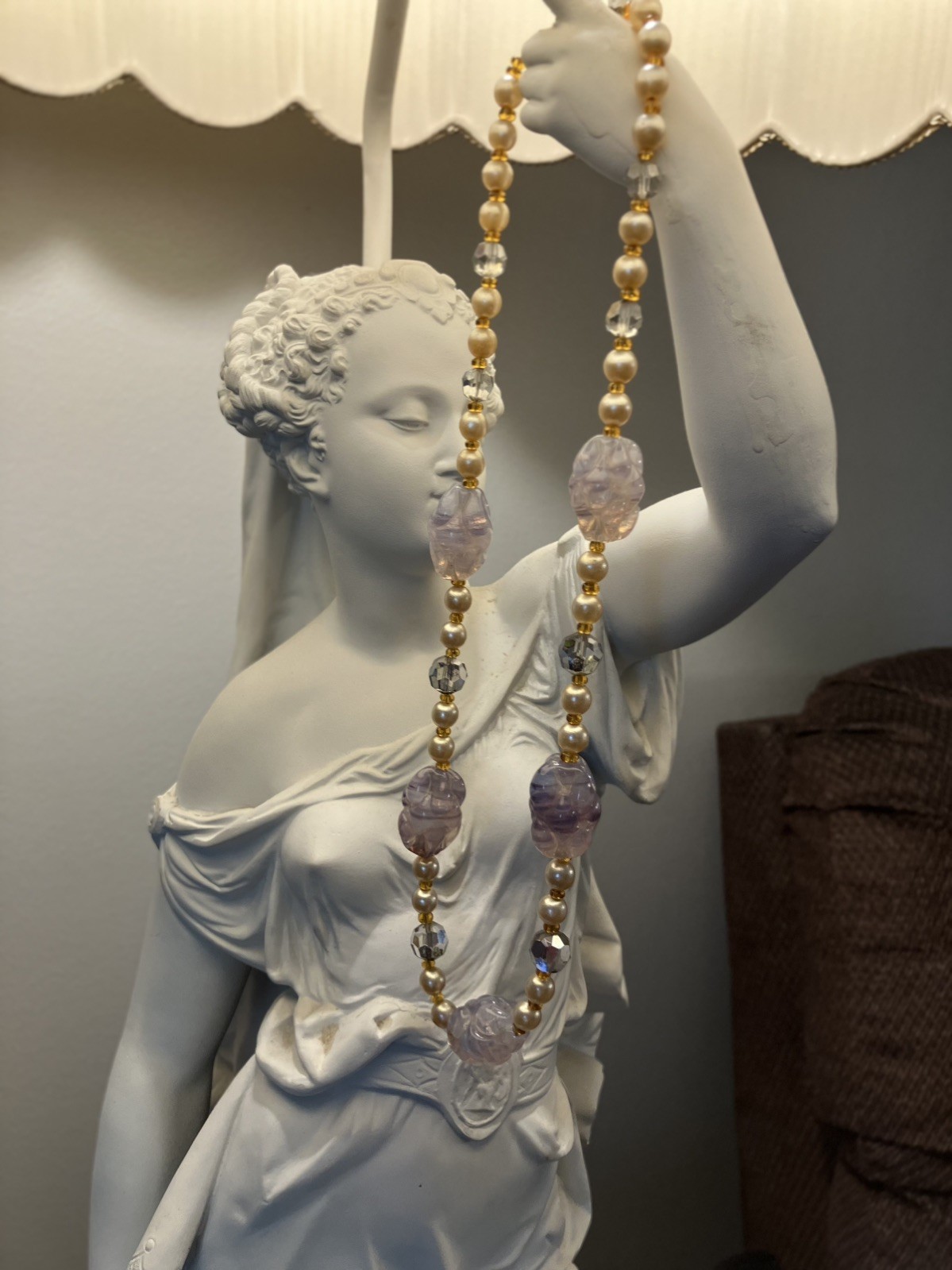 VINTAGE PEARL AND LAVENDER BEADS NECKLACE-21′ -EXCELLENT CONDITION