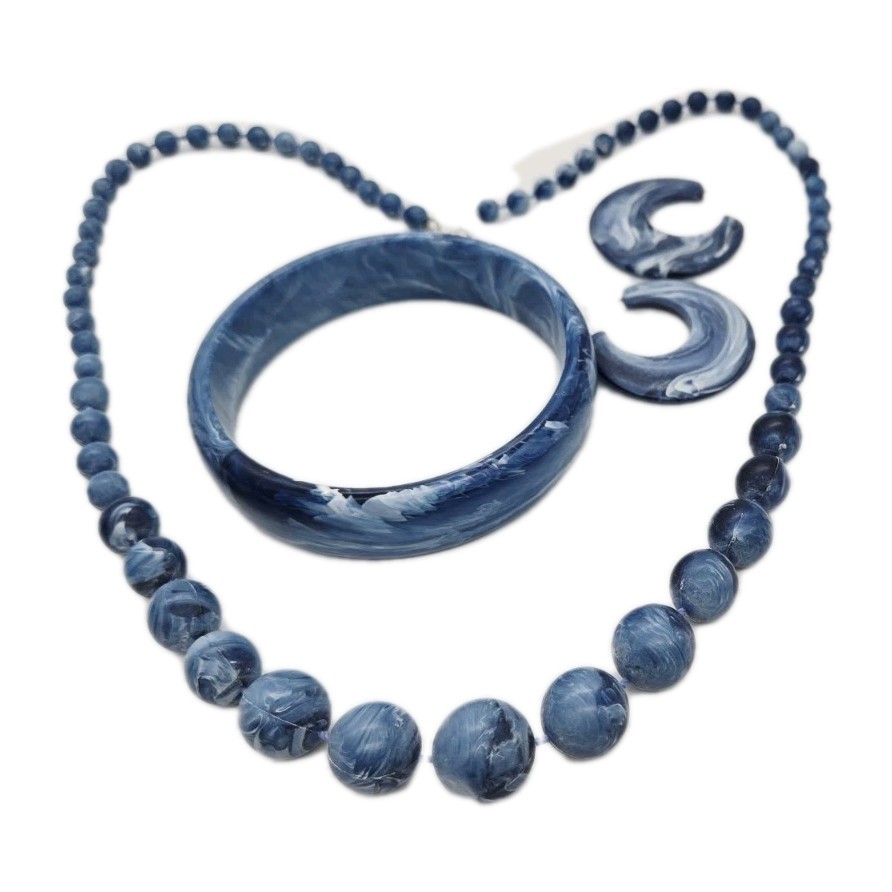 Denim Blue Marbled Jewelry Set Vintage Couture 3pc Necklace Bracelet Earrings