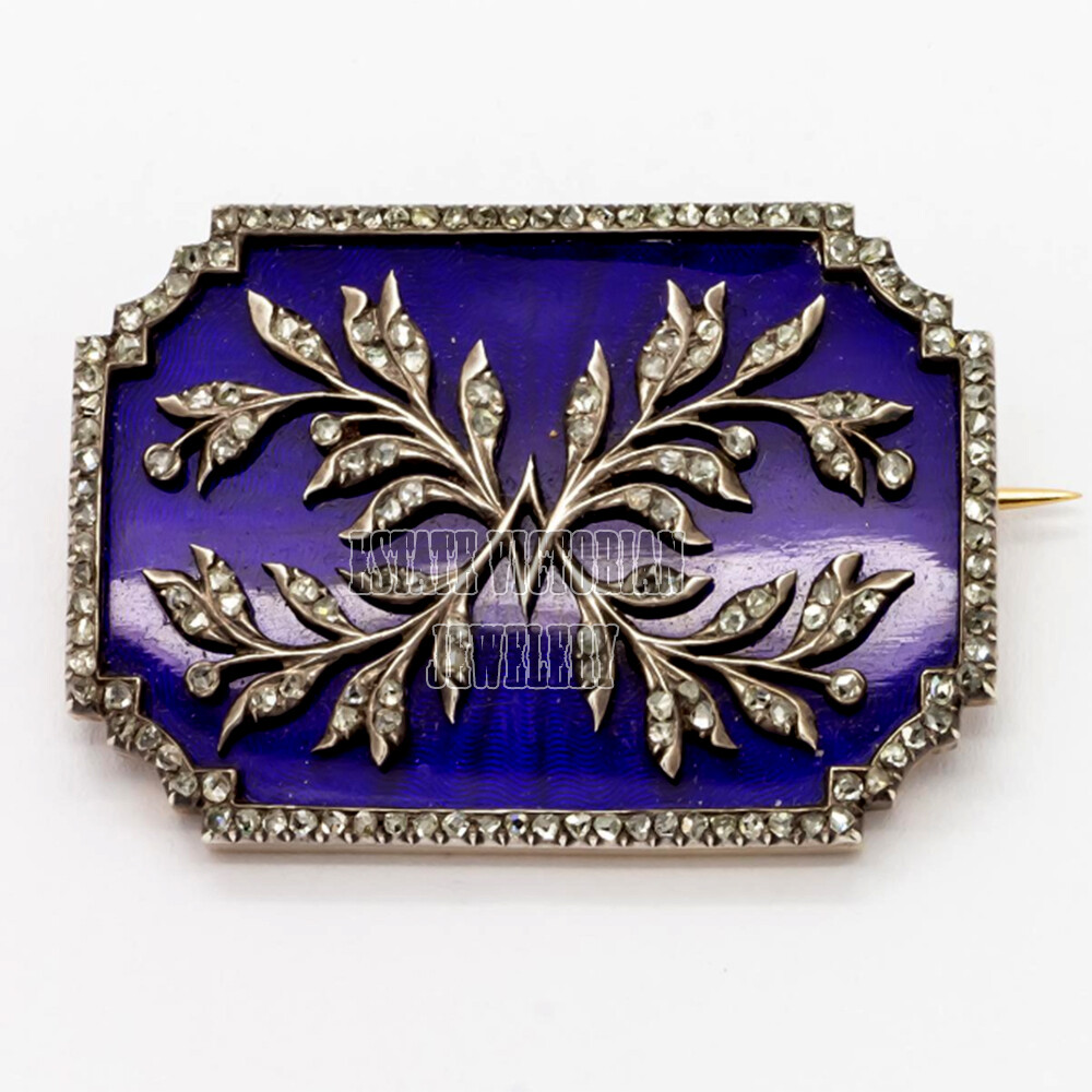 2.83ctw Genuine Old Mine Rose Cut Diamond Enamel Silver Victorian Brooch Jewelry