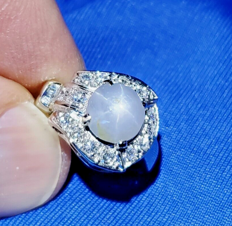 EARTH MINED STAR SAPPHIRE DIAMOND ART Deco Engagement Ring SOLID 14K WHITE GOLD