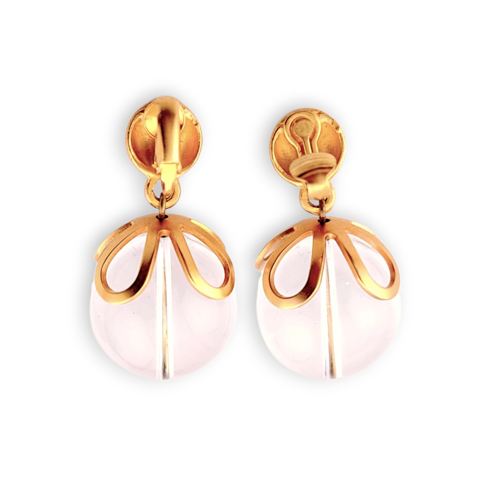 Large Lucite Orb Statement Earrings Gold Fancy Cap Pool of Light Style Retro