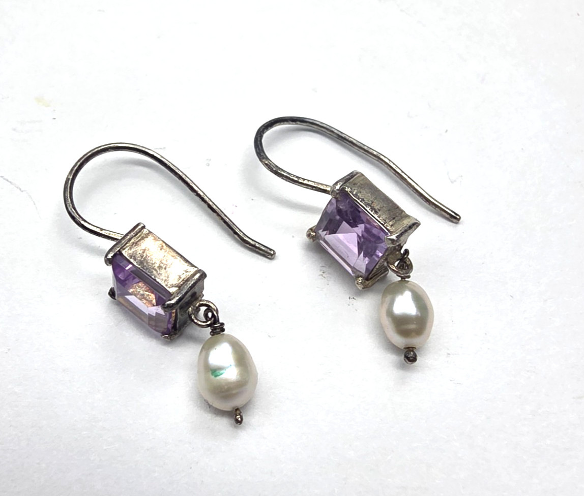 Purple Crystal Freshwater Pearl Sterling Silver Dangle Pierced Earrings Vintage