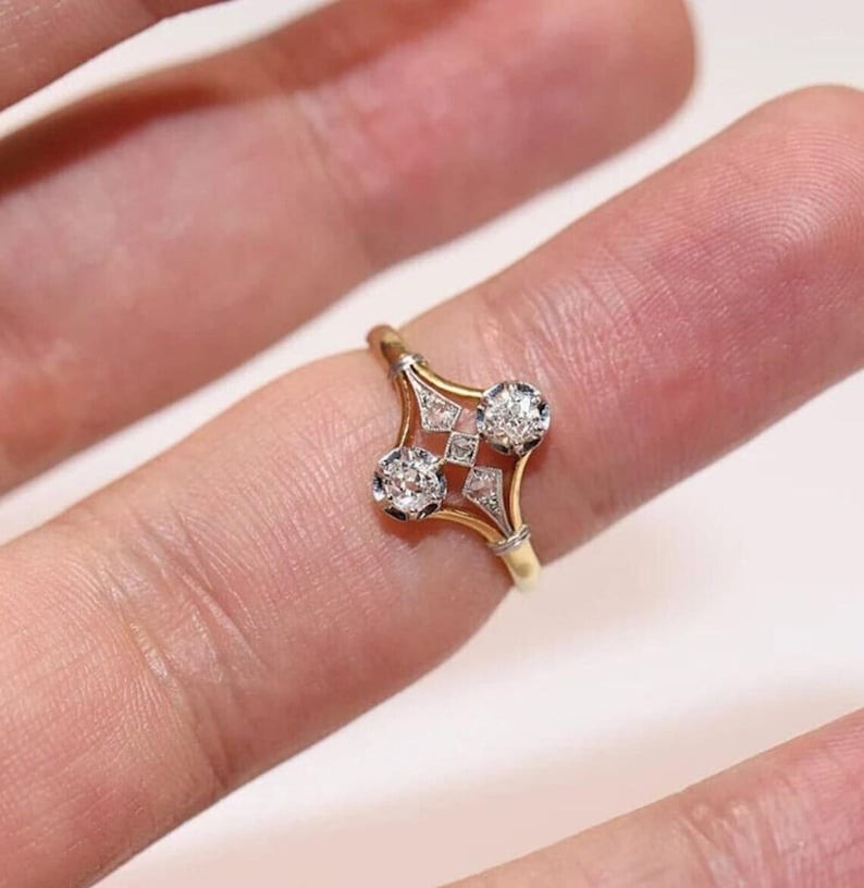 Art Deco Vintage Style Round Cut Created Diamond Two Tone Plated Engagement Ring