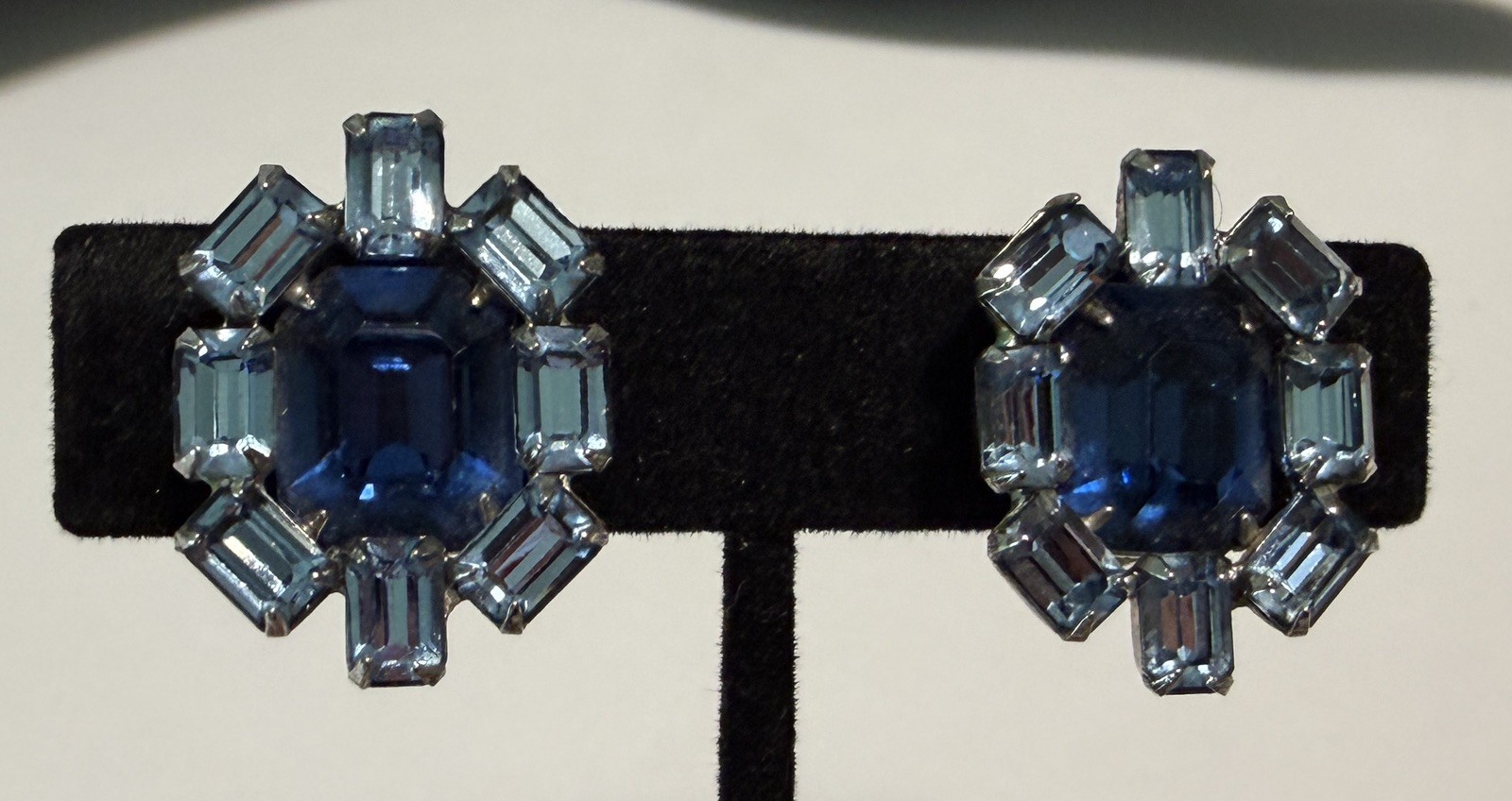 Vintage 1950s Signed Kramer of Ny Emerald-Cut & Baguette Blue Clip On Earrings