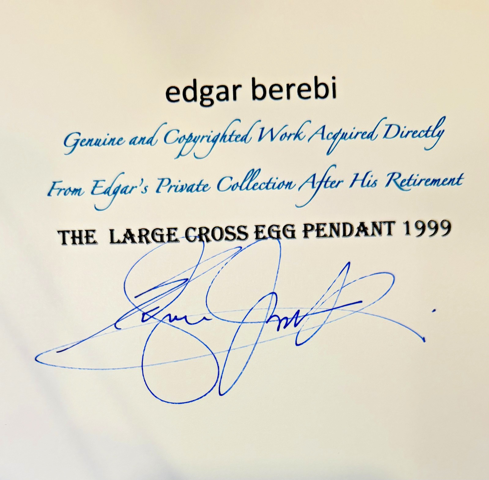 BerebiI Cross Egg pendan SOLD BY EDGAR BEREBI NEW OLD STOCK signed Certificate .