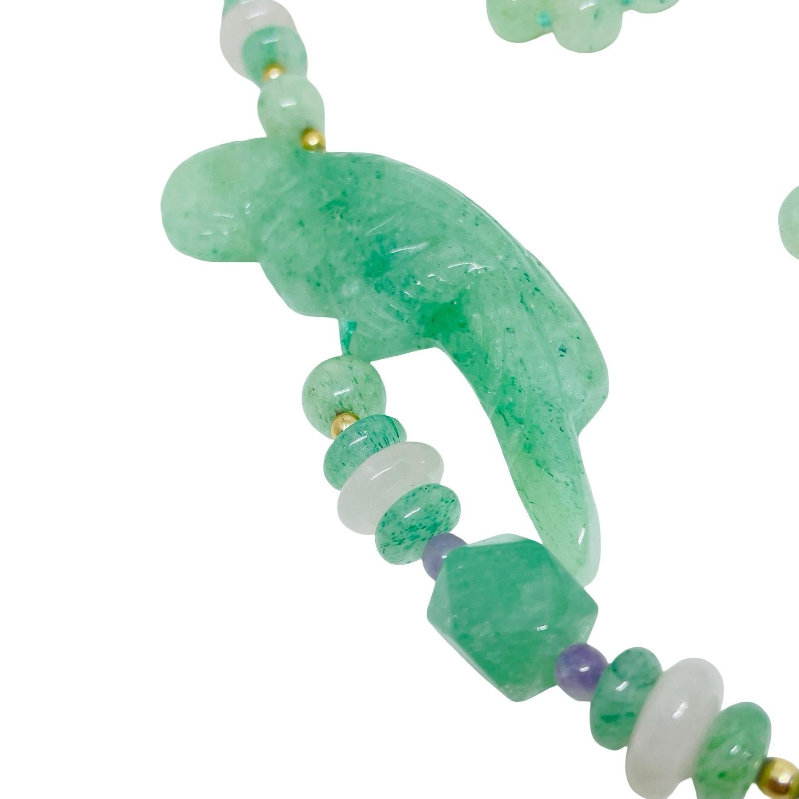 Vintage green jade pink quartz amethyst carved parrot bird beaded long necklace