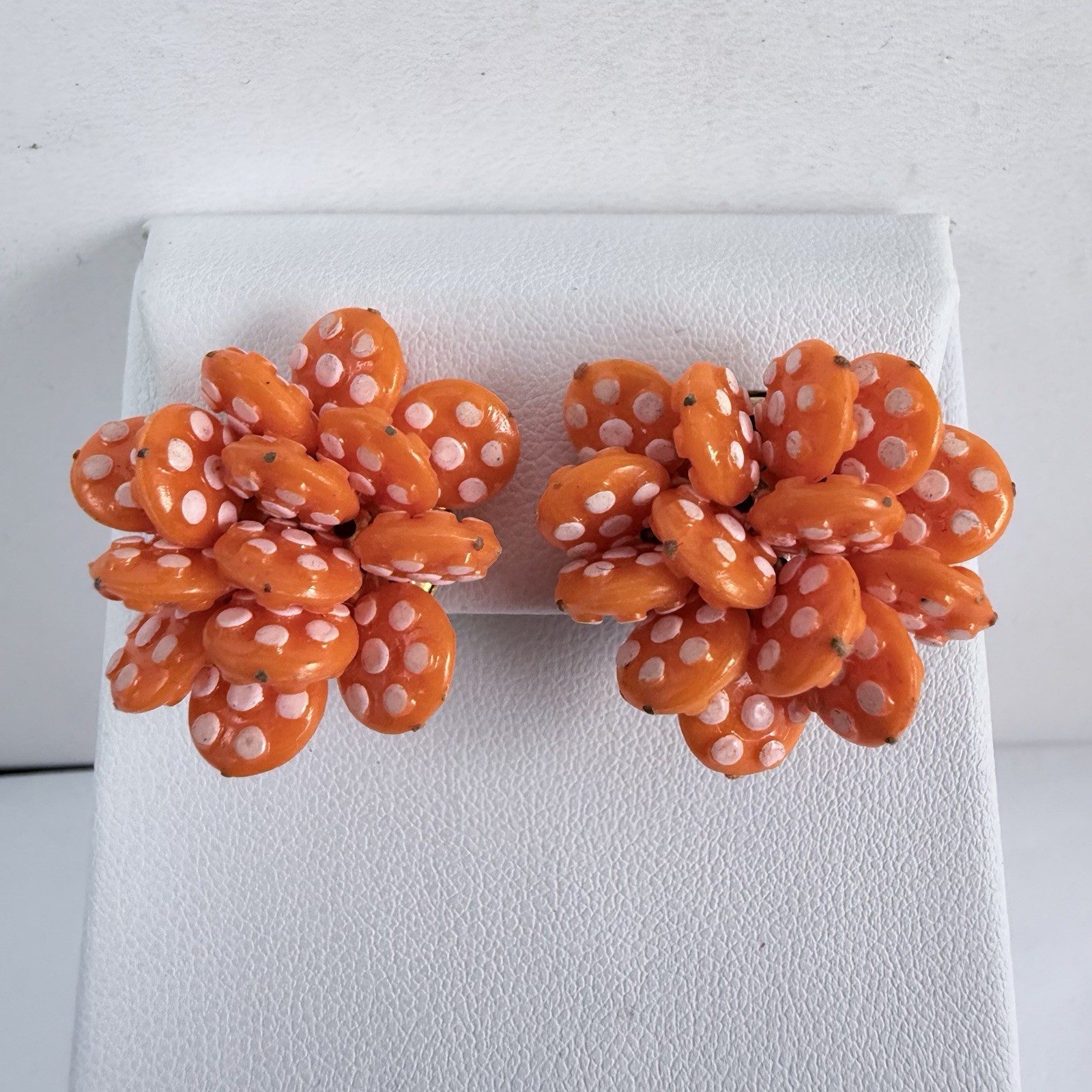 Vintage 1960s Orange & White Polka Dot Clip on Earrings