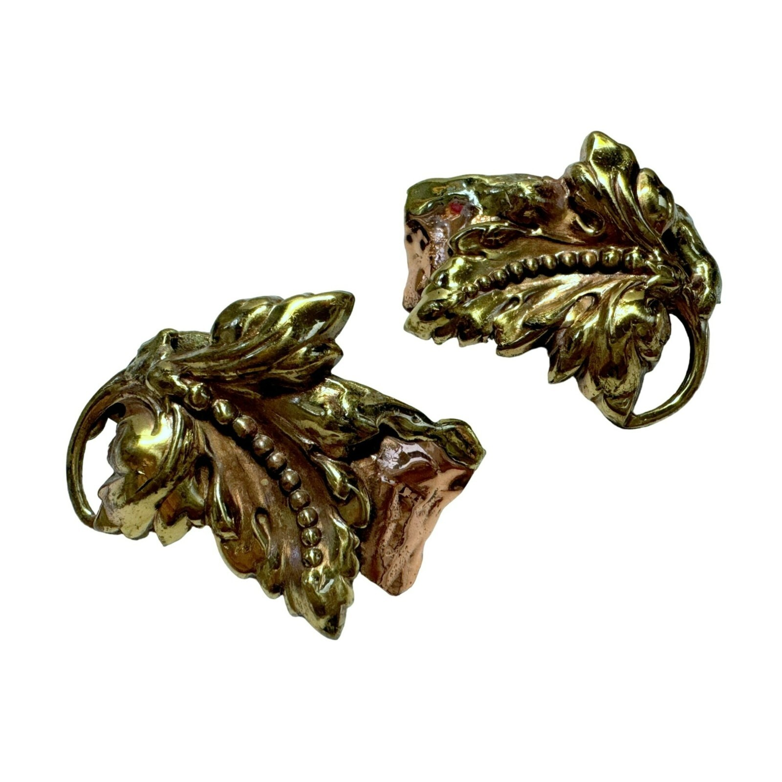 Vintage Large Handcrafted Copper & Brass Artsy Leaf Pierced Earrings 1.75 x 1.5″