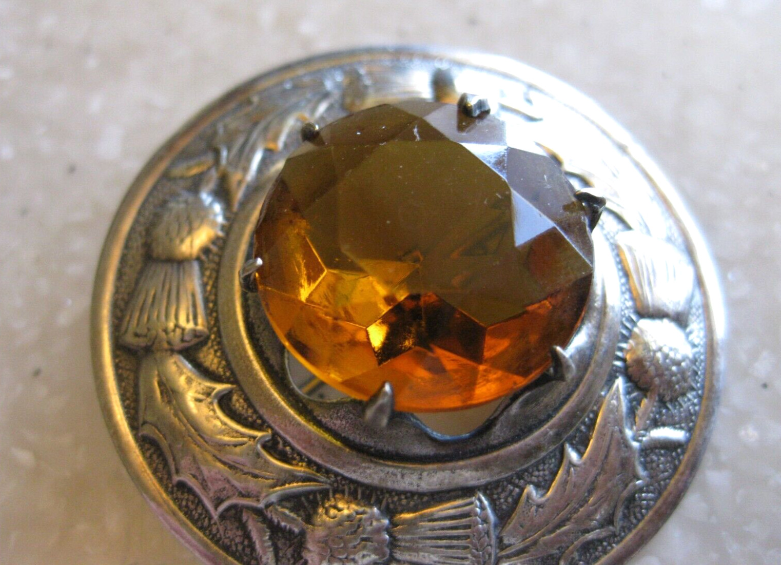 Antique Celtic Scottish Thistle Kilt Pin Brooch Citrine / Made in Great Britain
