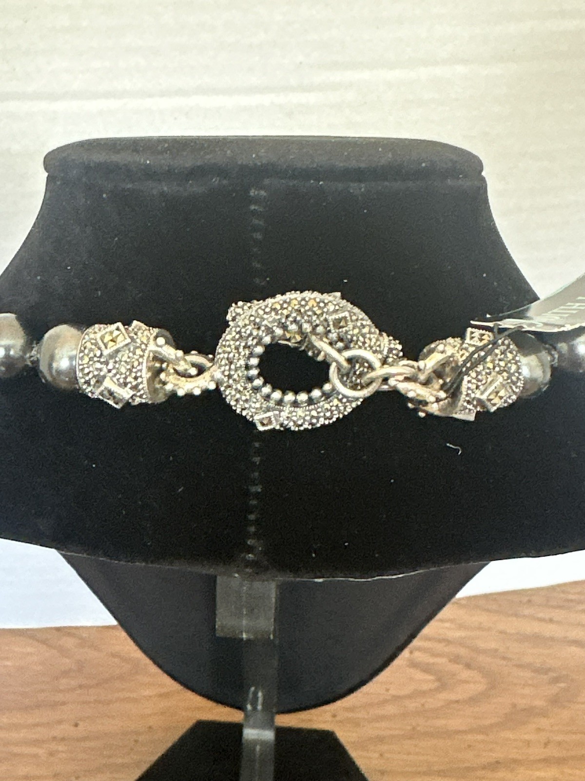 Judith Jack Sterling Marcasite Faux Dark Gray Pearl Necklace