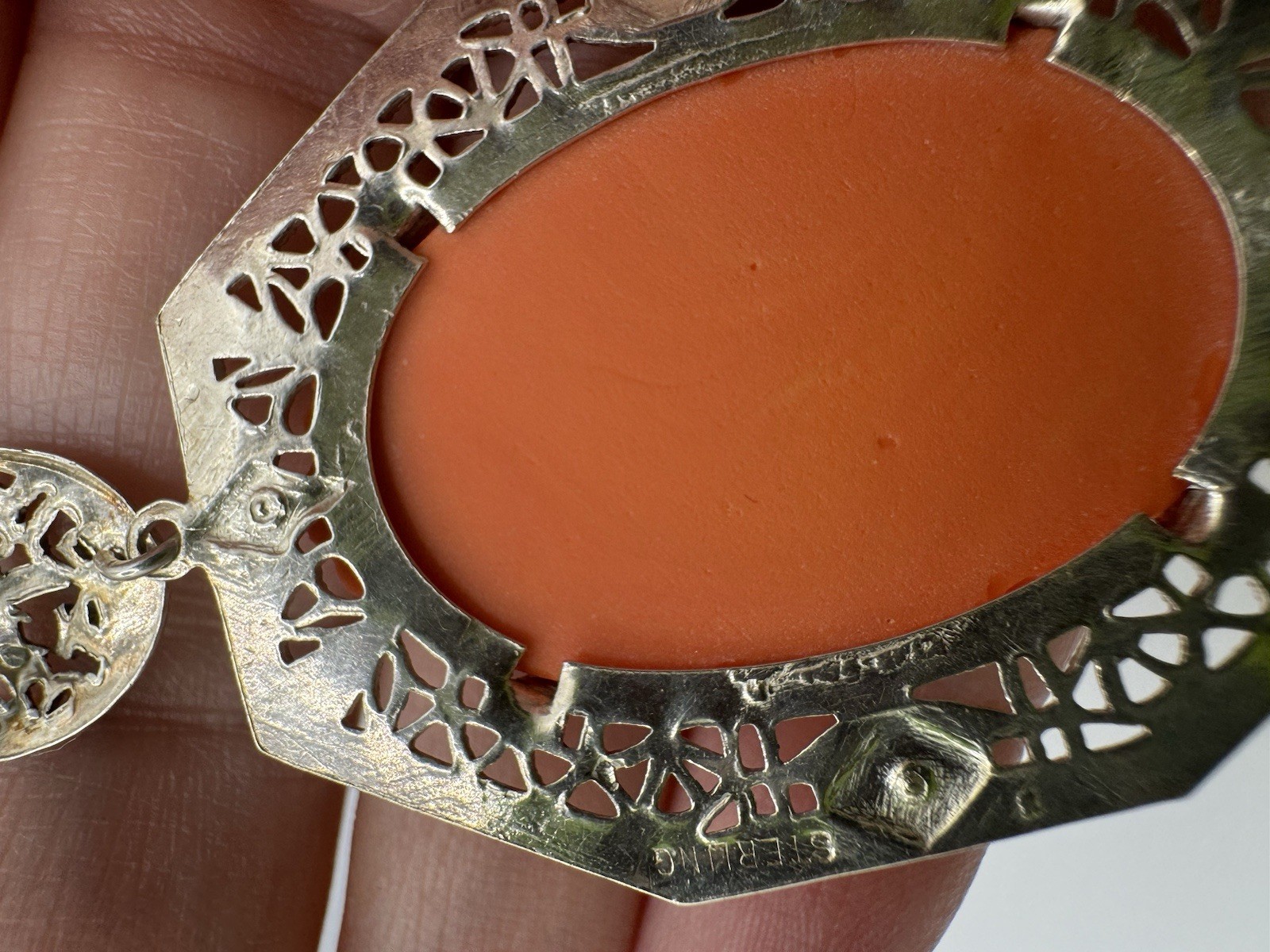 Antiqued ART DECO designed GERMANY faux Coral Carved Filigree Necklace Pendant