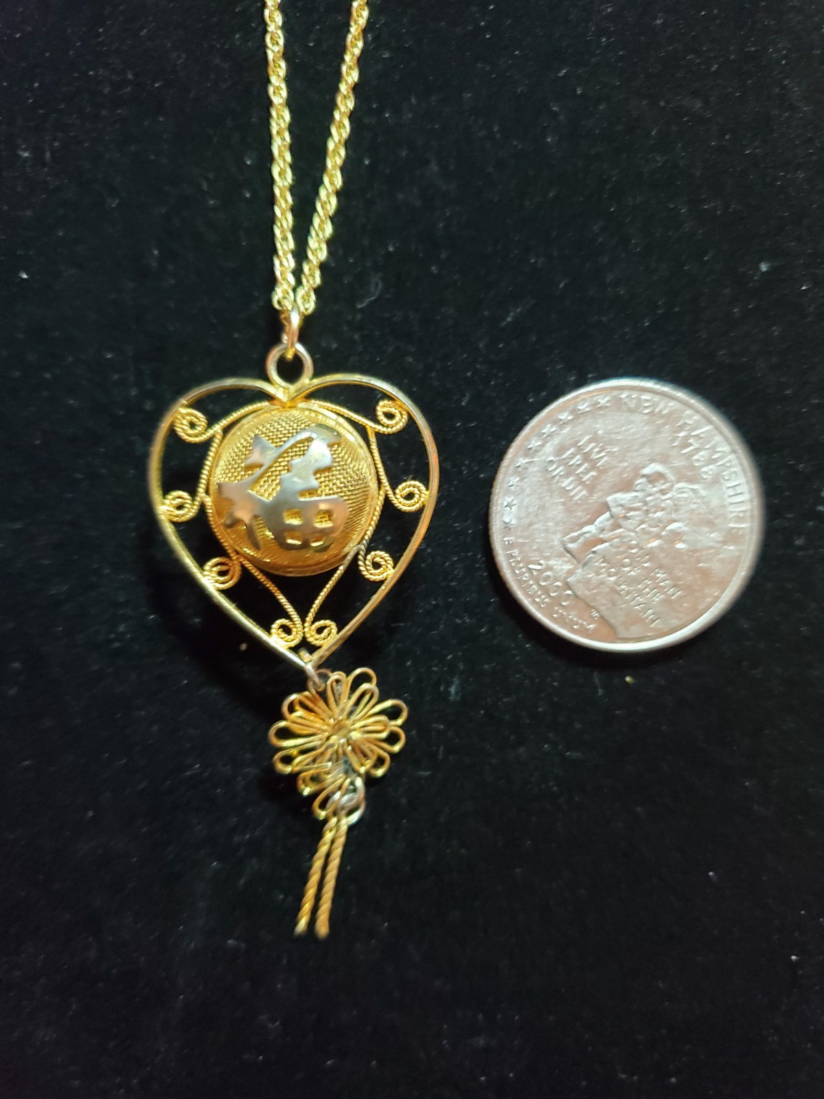 Vintage Gold Tone Chinese Heart Good Fortune Ball Necklace Gift Adult Unisex