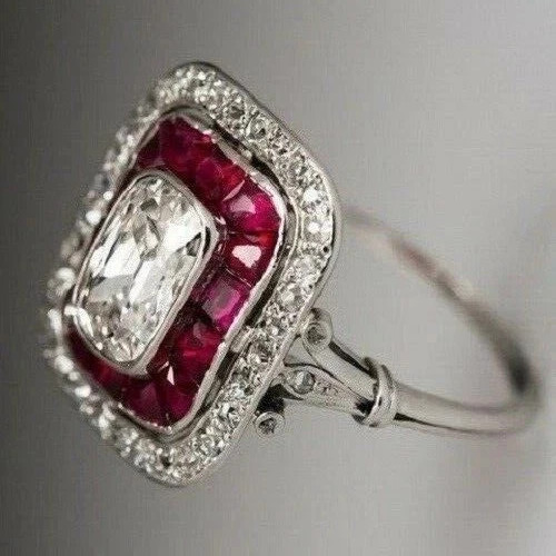 Art Deco Style Lab Created Diamond & Ruby Engagement 14K White Gold Finish Ring
