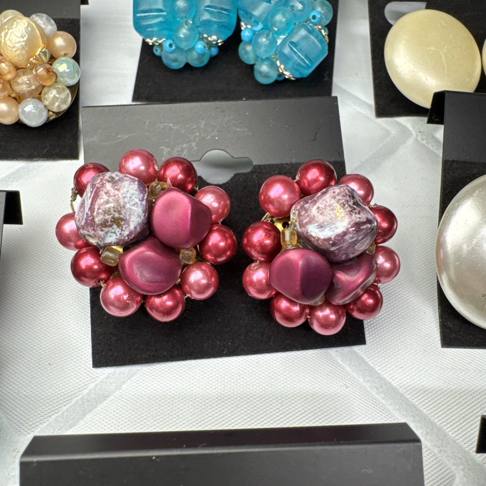 Vtg Earring Lot 8 Beaded Clip On Cluster Pearl Lucite Hong Kong Japan Marvella