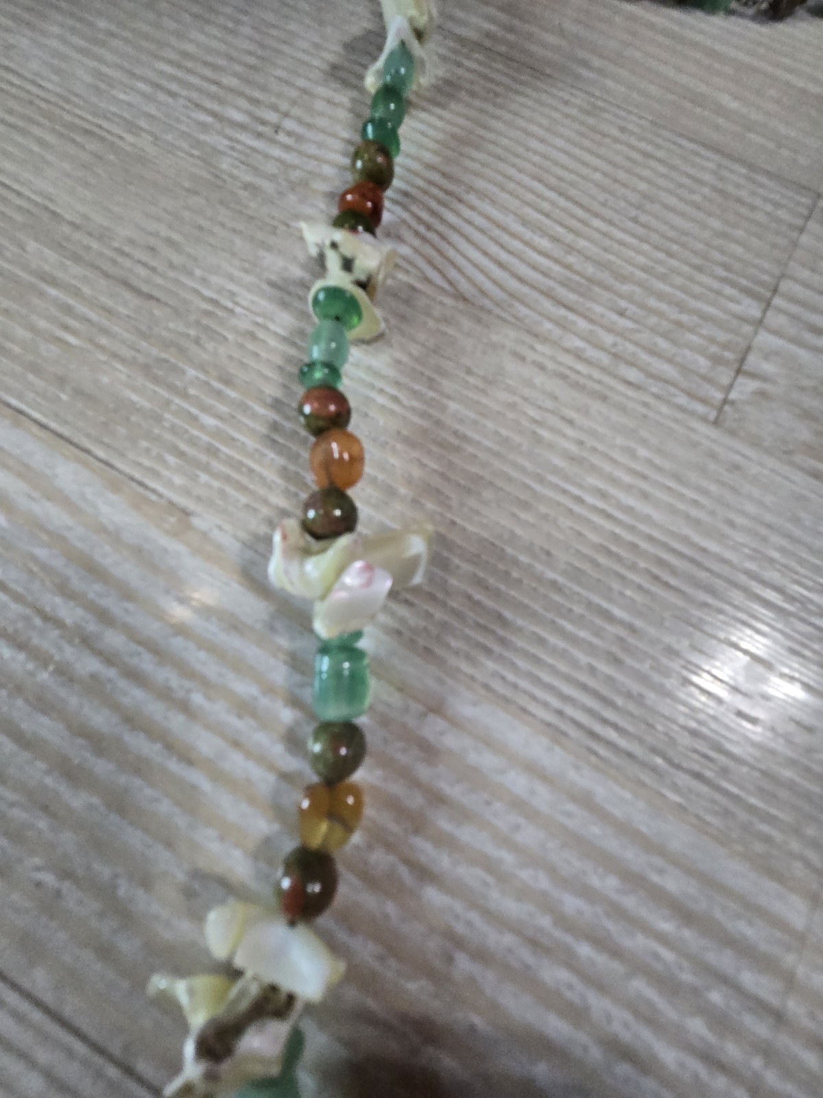 Vintage Boho Beaded Necklace Green Agate, Amber Brown Stone & Shell