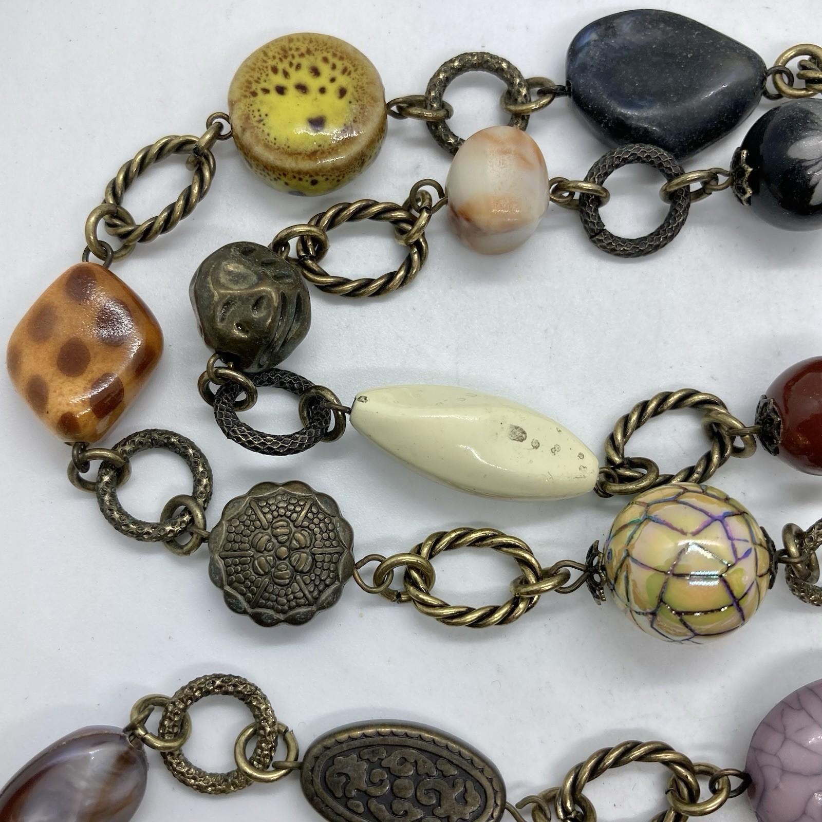 Vtg Boho Statement Bead Brass Chain Link Statement Necklace 34” Signed