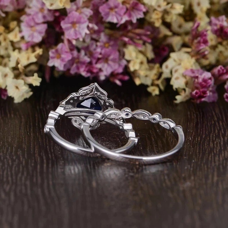 2.40CT Cushion Cut Real Blue Sapphire Vintage Wedding Halo Ring Set 925 Silver
