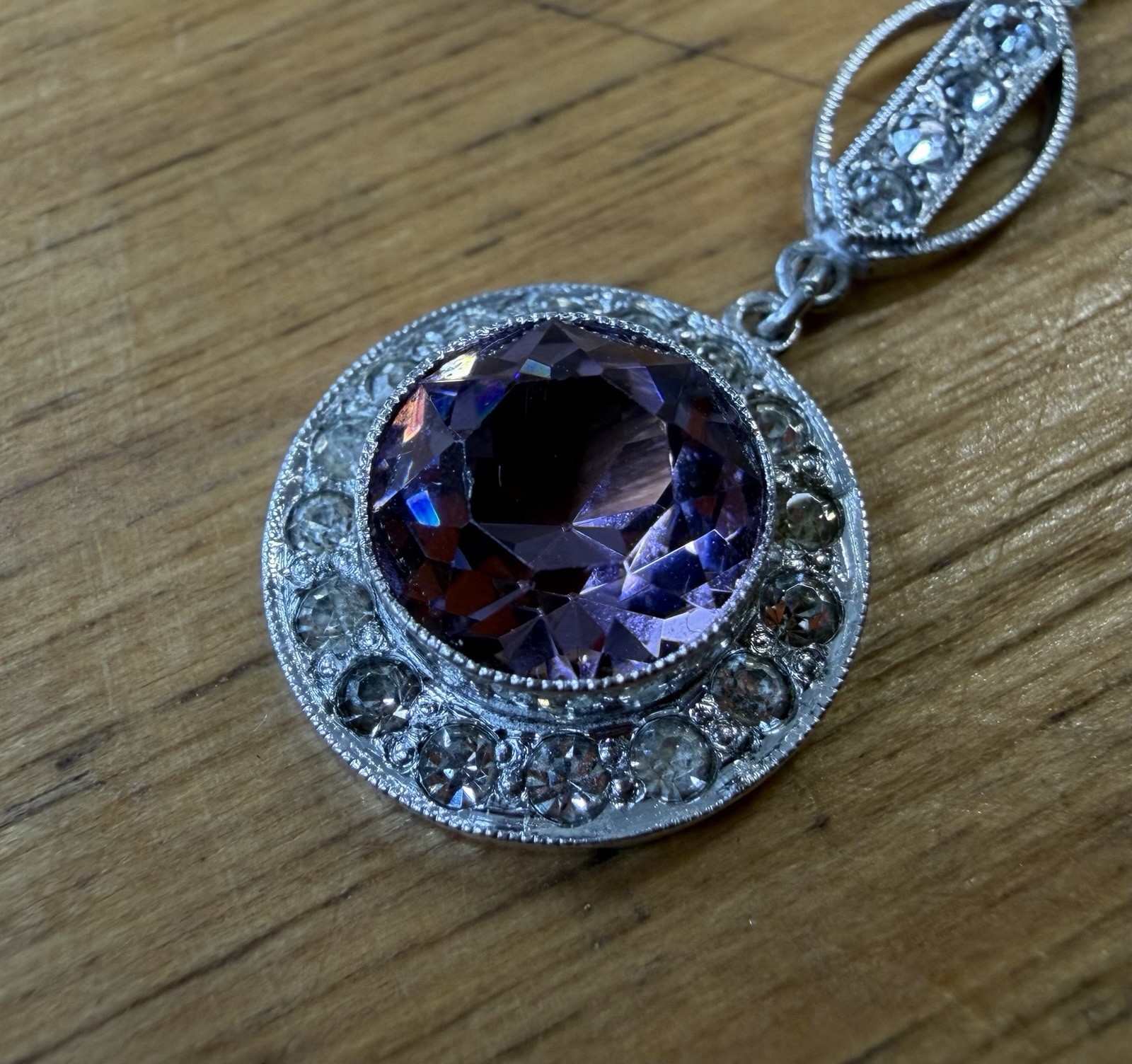Sterling Silver Faceted Amethyst Dangle Drop Pendant 1.5” 3g Authentic Art Deco