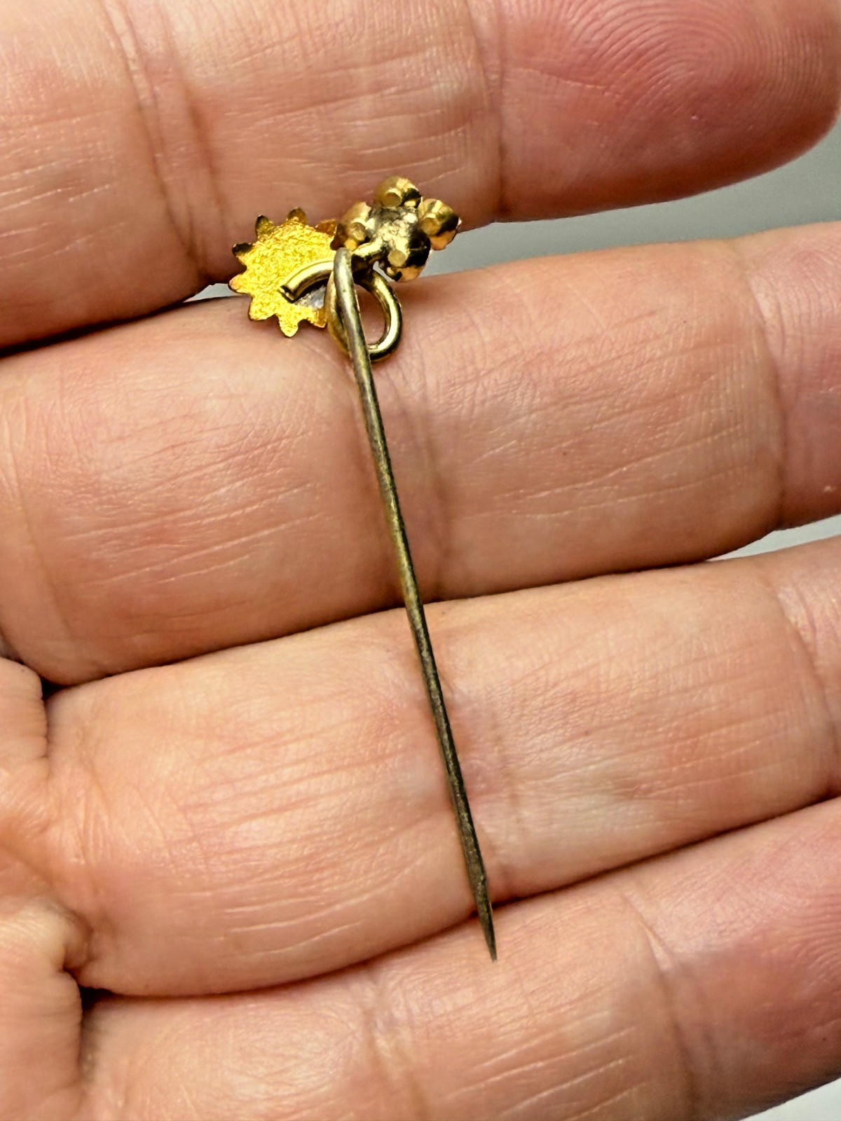Antique Victorian Gold Filled Stick Pin White Enamel Flower Rhinestones Dainty