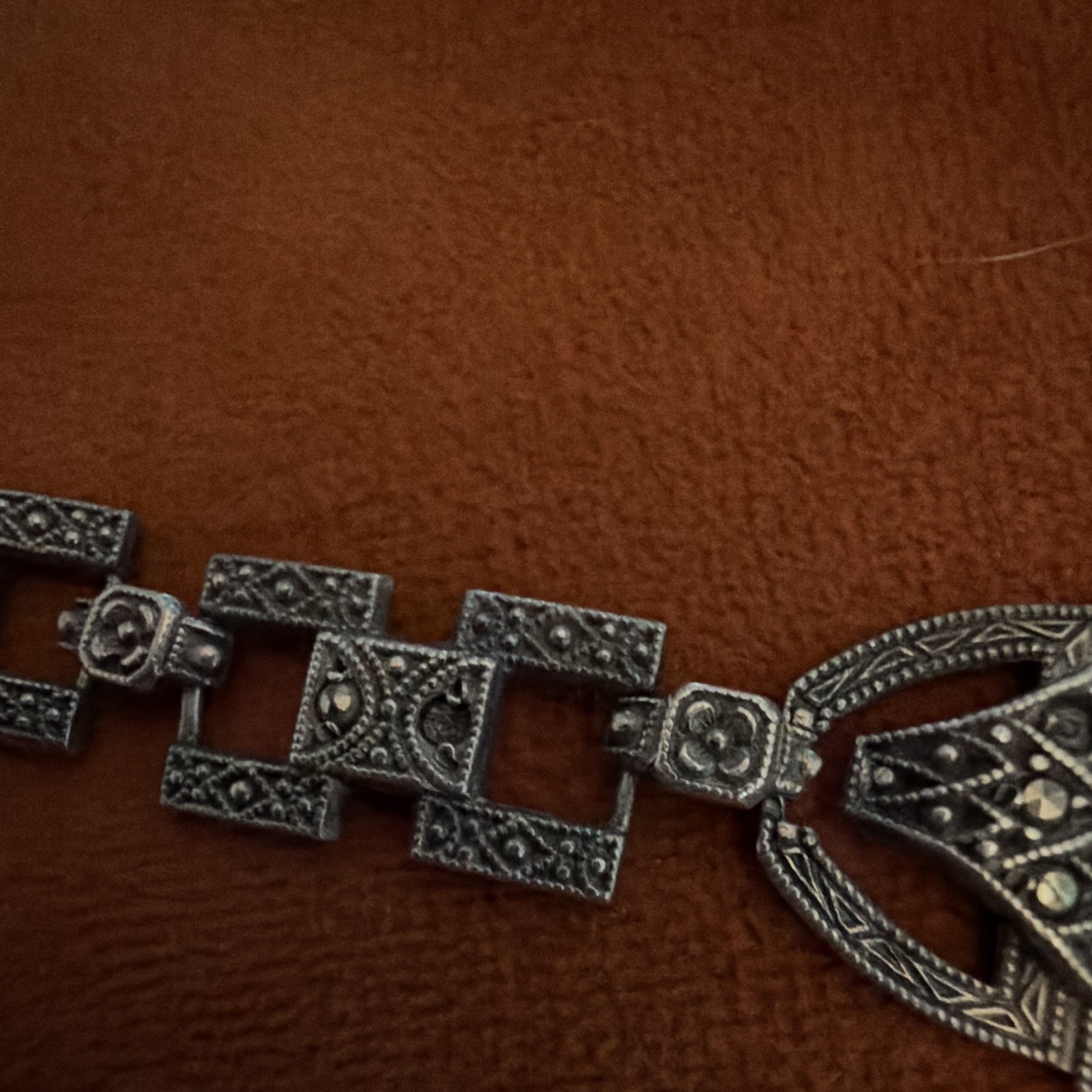 Vintage Art Deco Sterling Silver Carnelian Marcasite Panel Link Bracelet 1930s