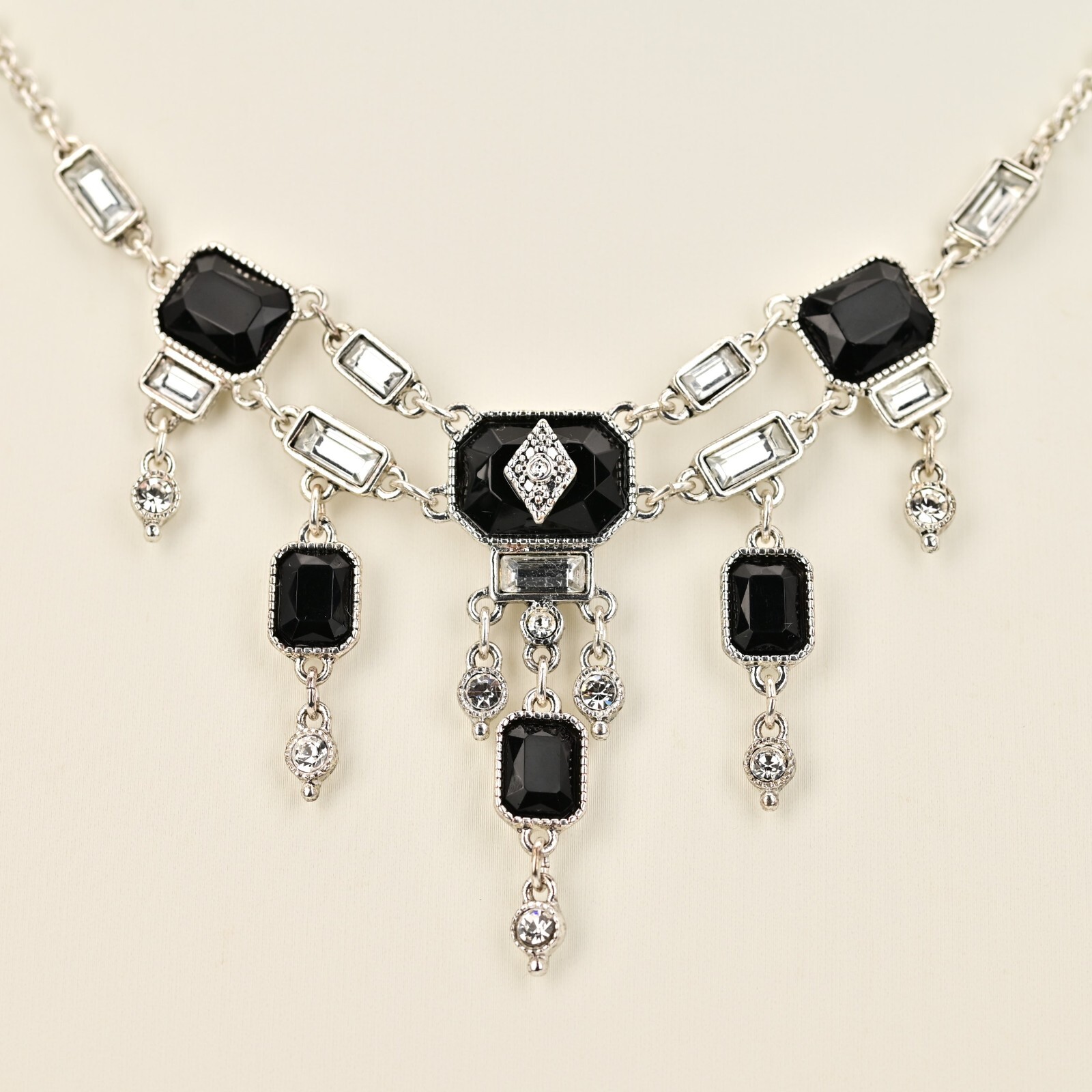 Original Vintage Designer Silver Onyx Zirconia Rhinestone Gemstone Necklace