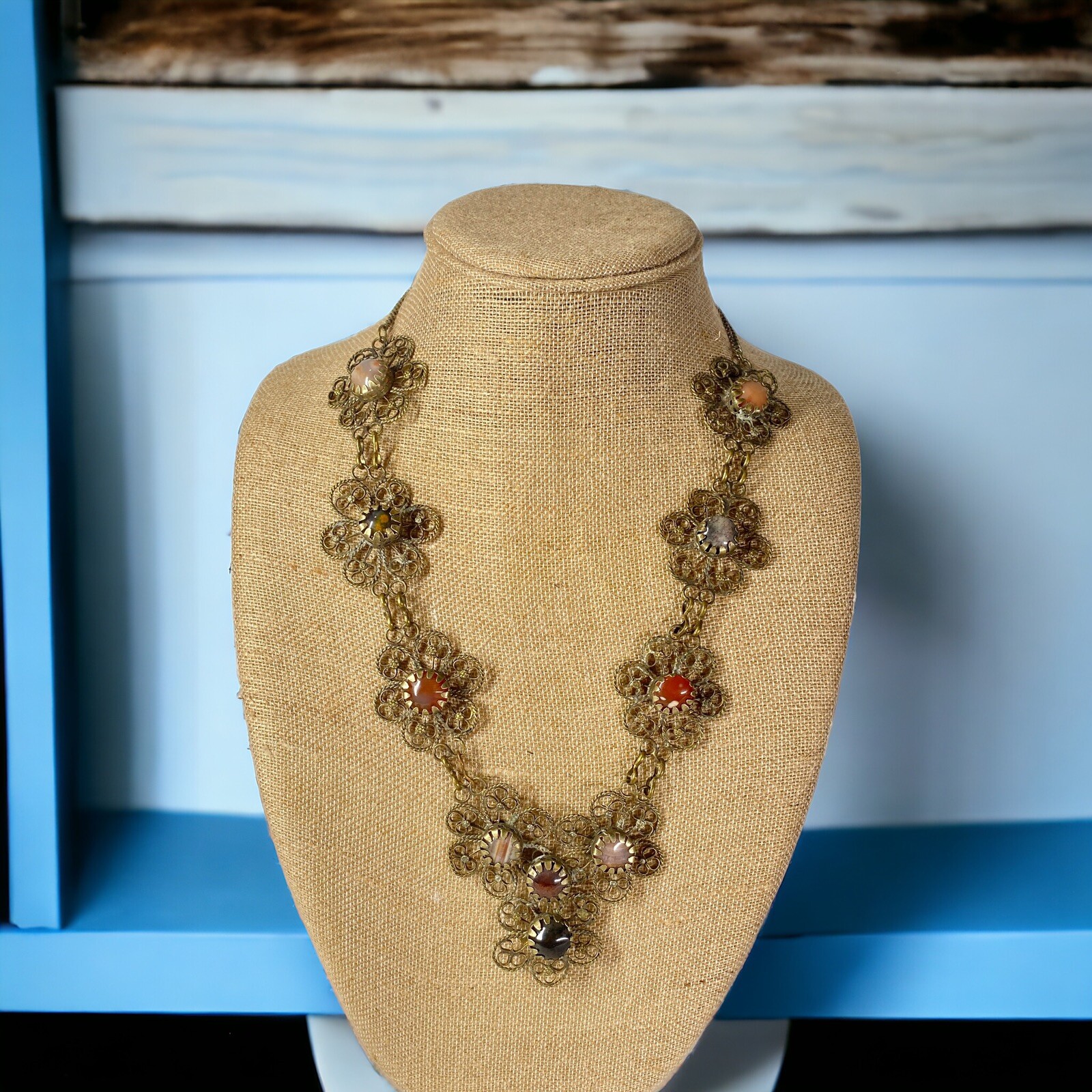 Vintage Handmade German Silver Filigree Semi Precious Stones Statement Necklace